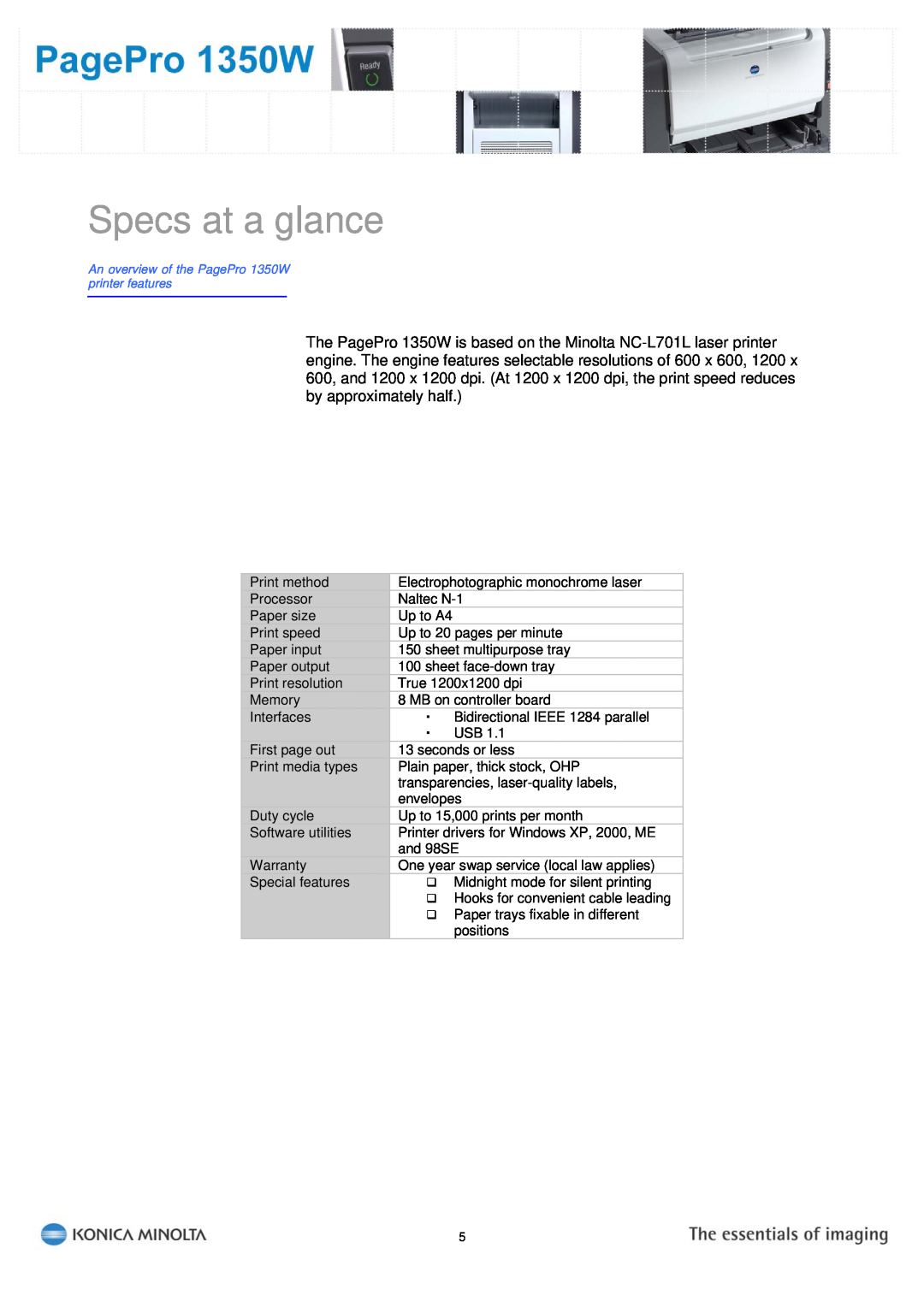 Konica Minolta PagePro 1350W manual Specs at a glance 