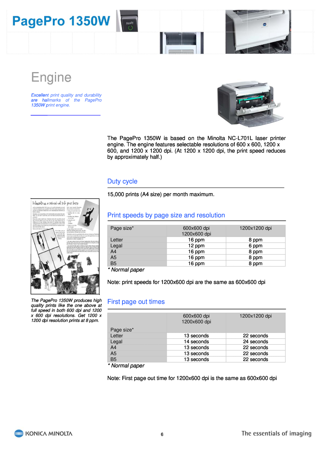 Konica Minolta PagePro 1350W manual Engine, Duty cycle, Print speeds by page size and resolution, First page out times 
