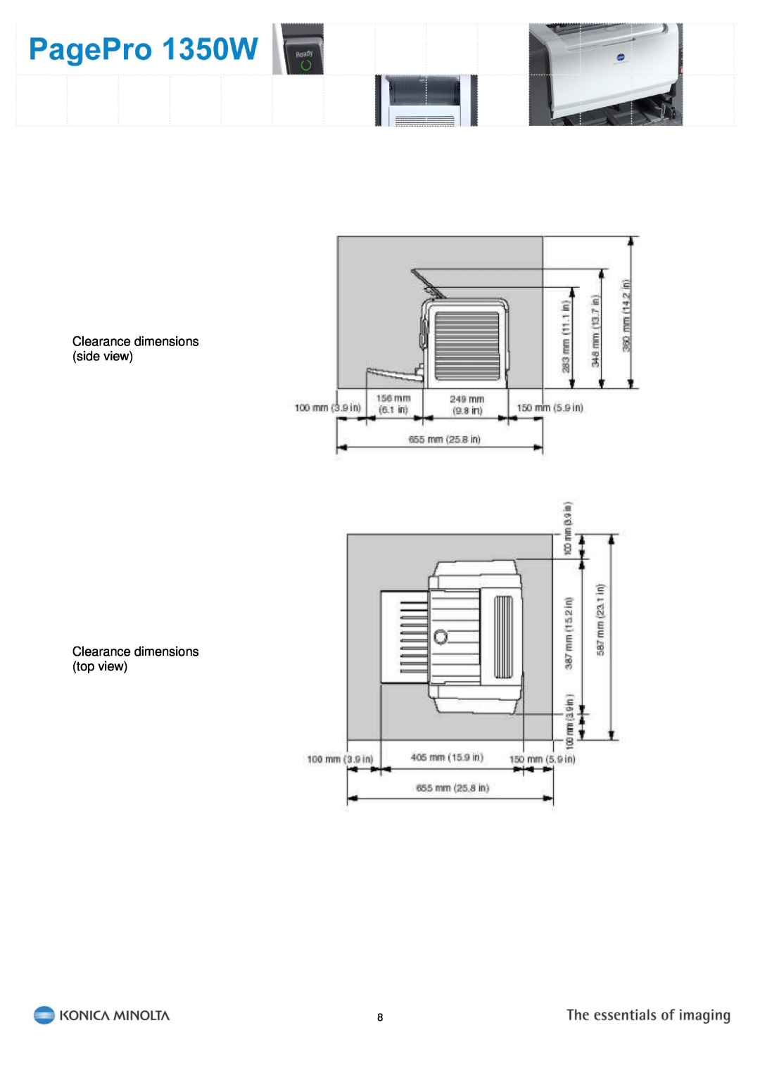 Konica Minolta PagePro 1350W manual Clearance dimensions side view Clearance dimensions top view 
