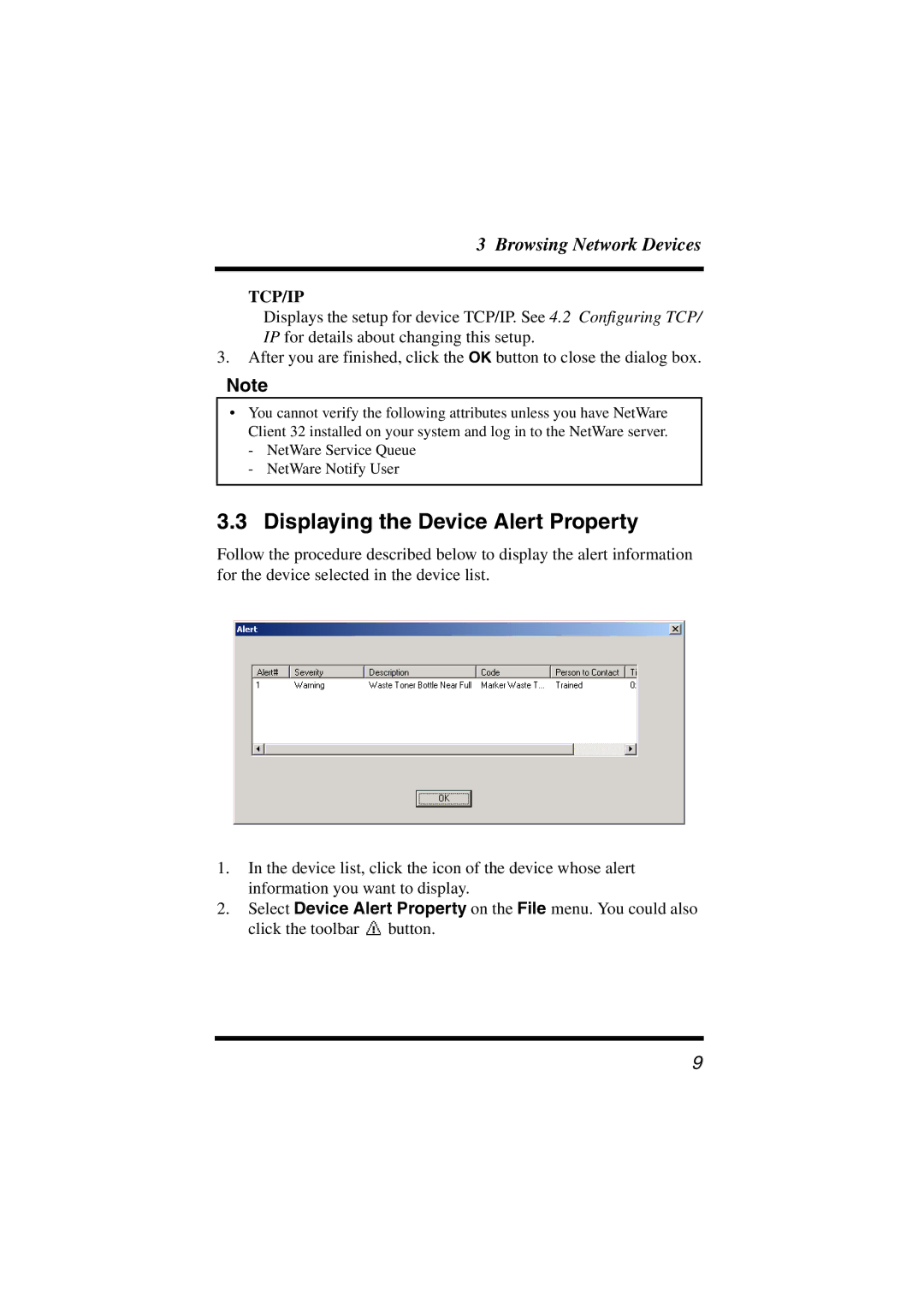 Konica Minolta PageScope user manual Displaying the Device Alert Property, Tcp/Ip 