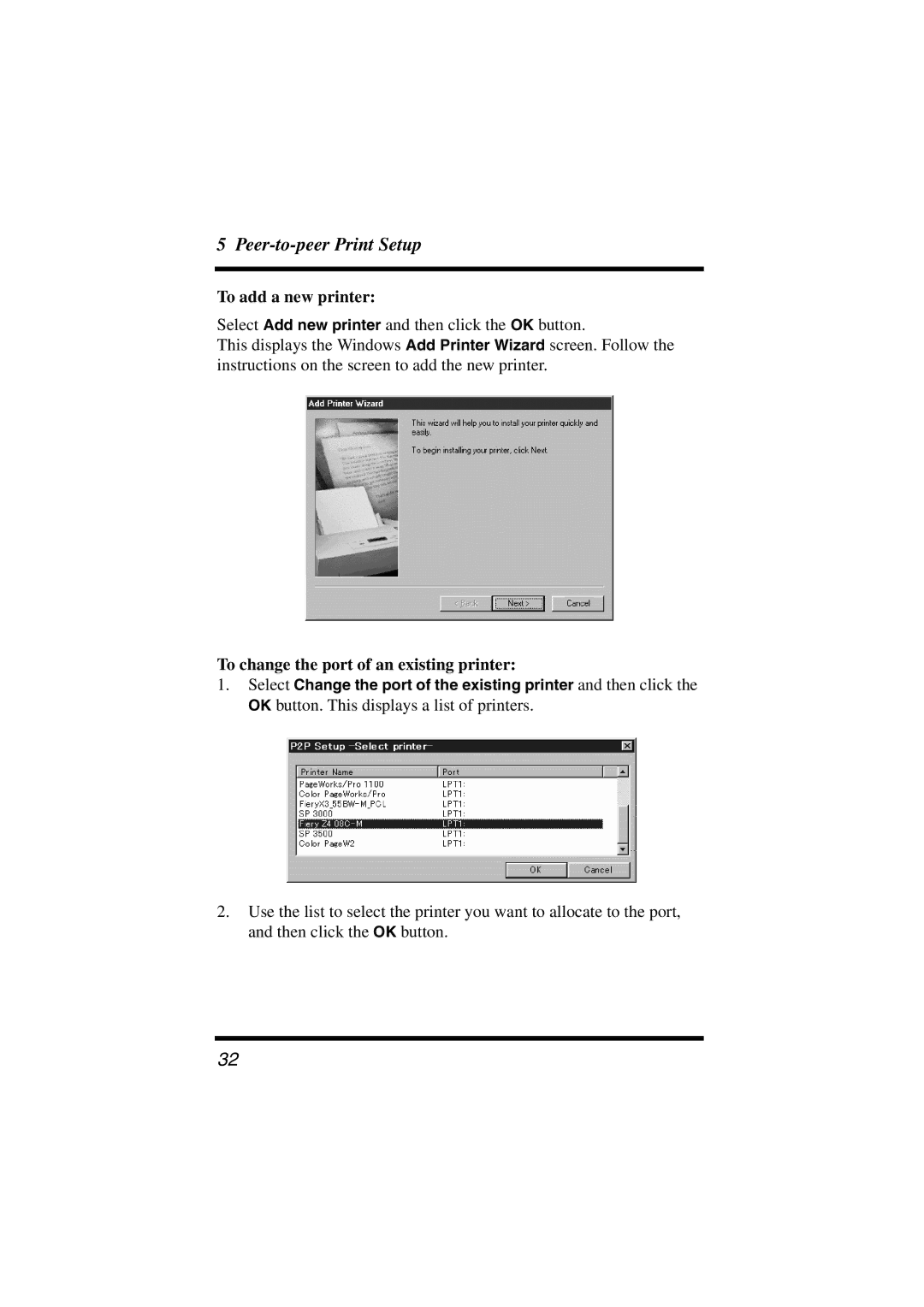 Konica Minolta PageScope user manual To add a new printer, To change the port of an existing printer 