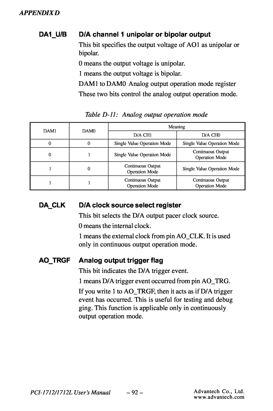 Konica Minolta PCI-1712 Table D-11 Analog output operation mode, DA1U/B, D/A channel 1 unipolar or bipolar output, Daclk 