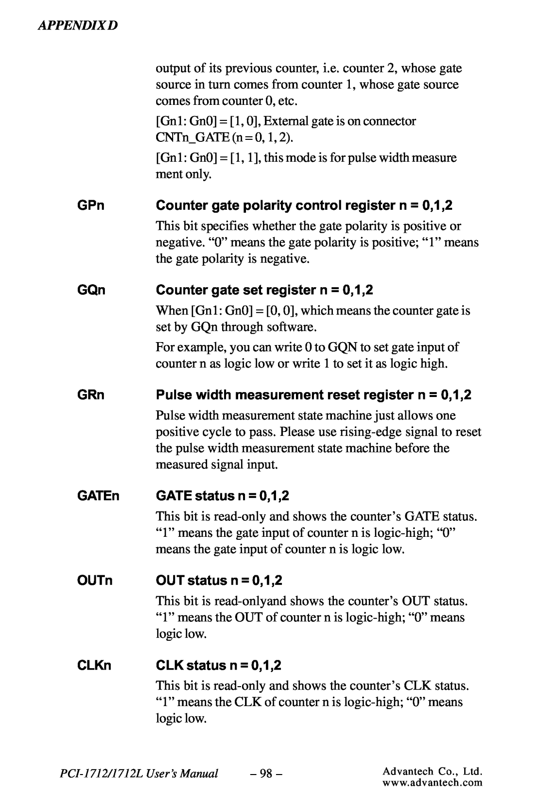 Konica Minolta PCI-1712L user manual Counter gate polarity control register n = 0,1,2 