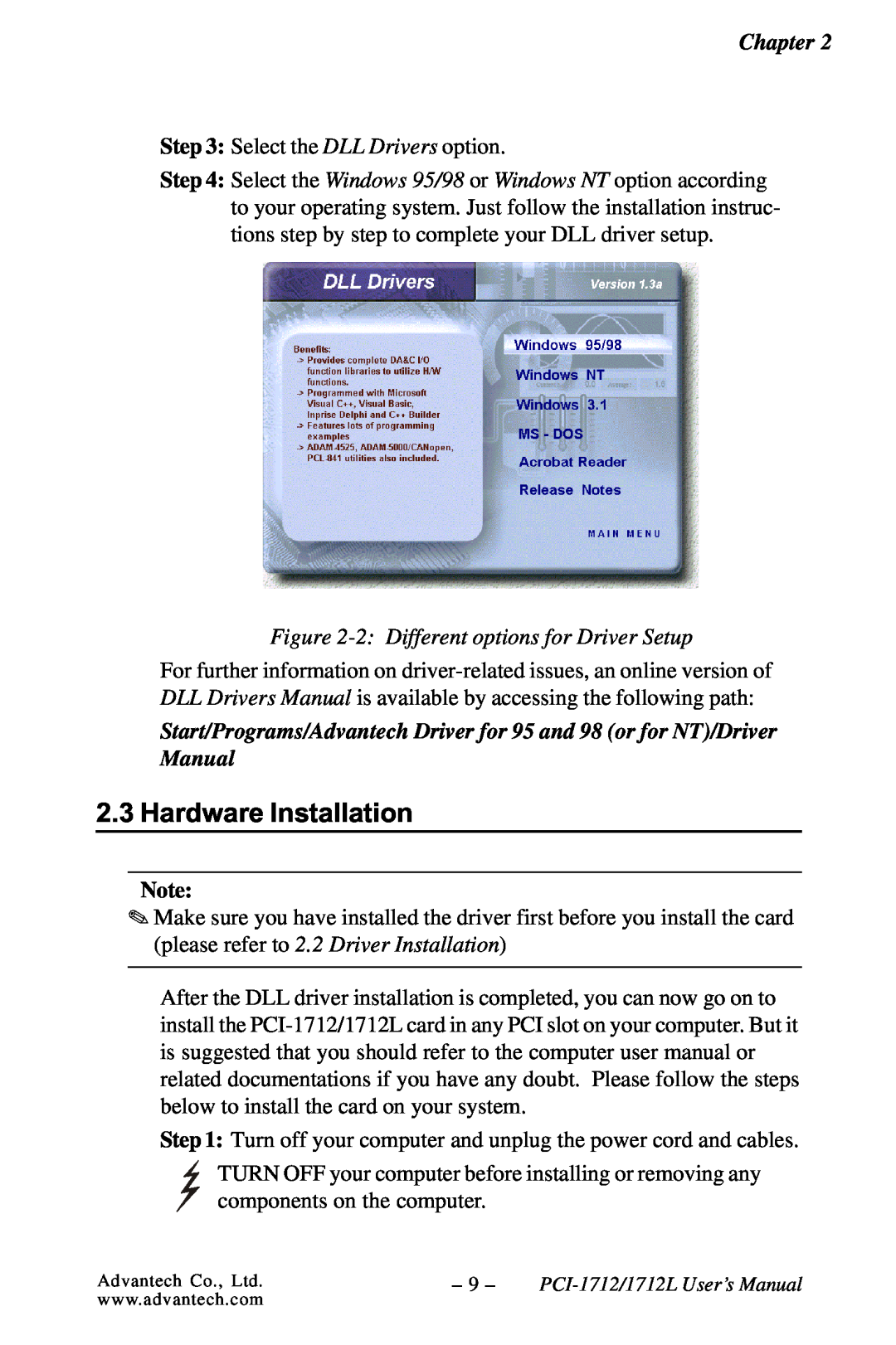 Konica Minolta PCI-1712L user manual Hardware Installation, 2 Different options for Driver Setup 