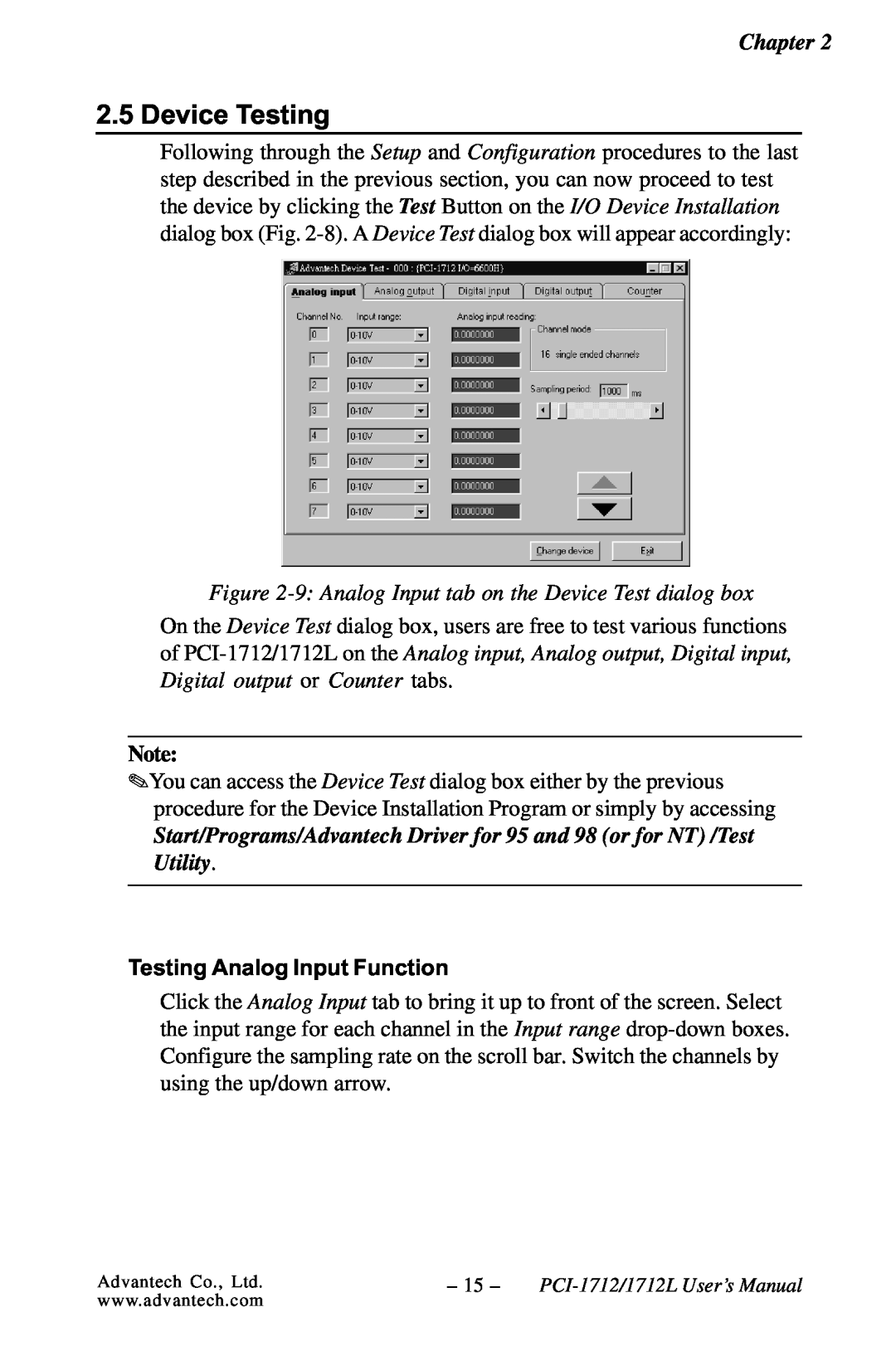 Konica Minolta PCI-1712L Device Testing, 9 Analog Input tab on the Device Test dialog box, Testing Analog Input Function 