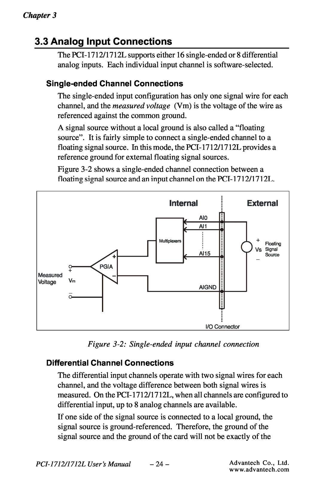 Konica Minolta PCI-1712L user manual Analog Input Connections, 2 Single-ended input channel connection 