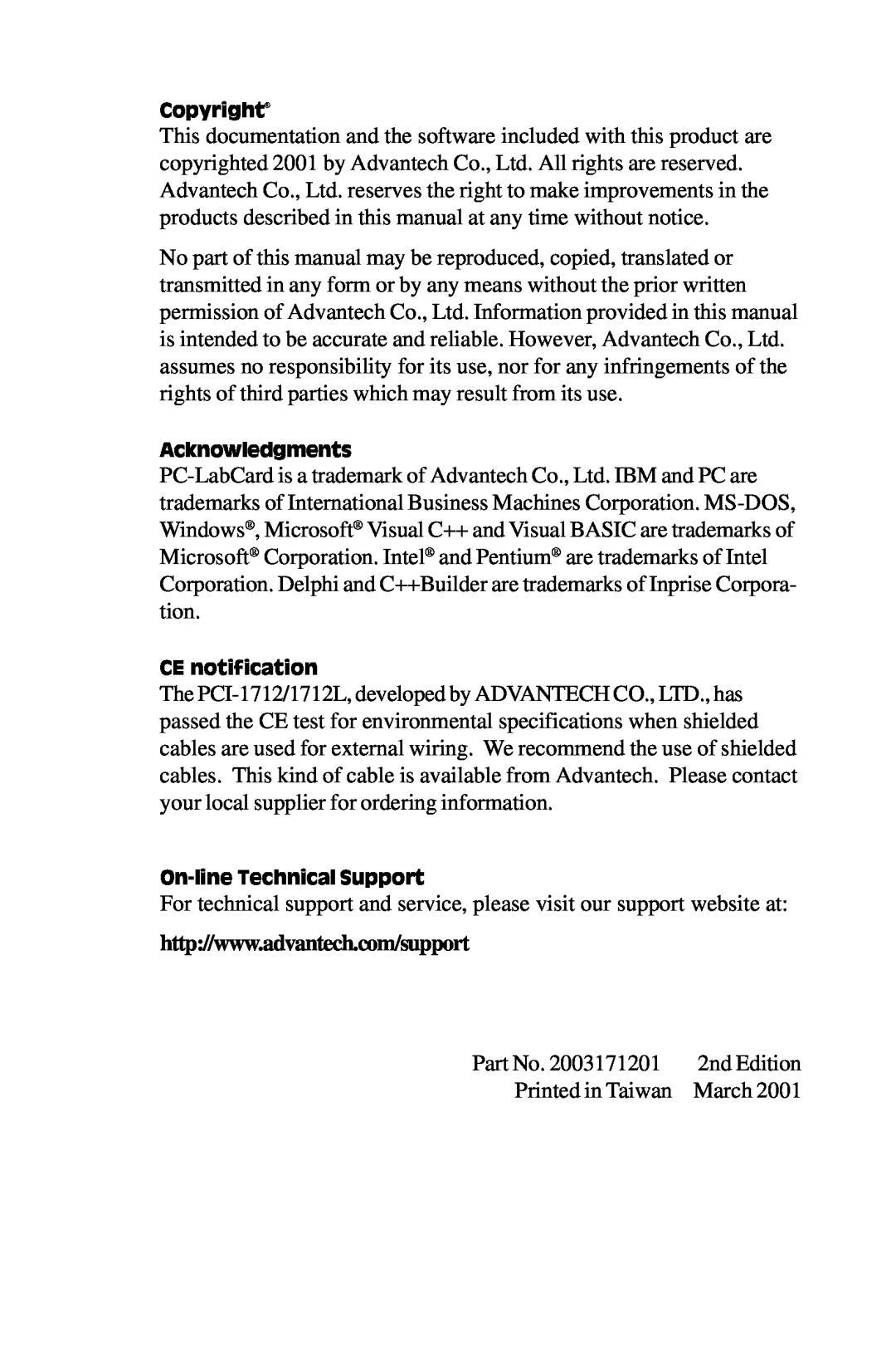 Konica Minolta PCI-1712L user manual 2nd Edition, Printed in Taiwan, March, Copyright, Acknowledgments, CE notification 