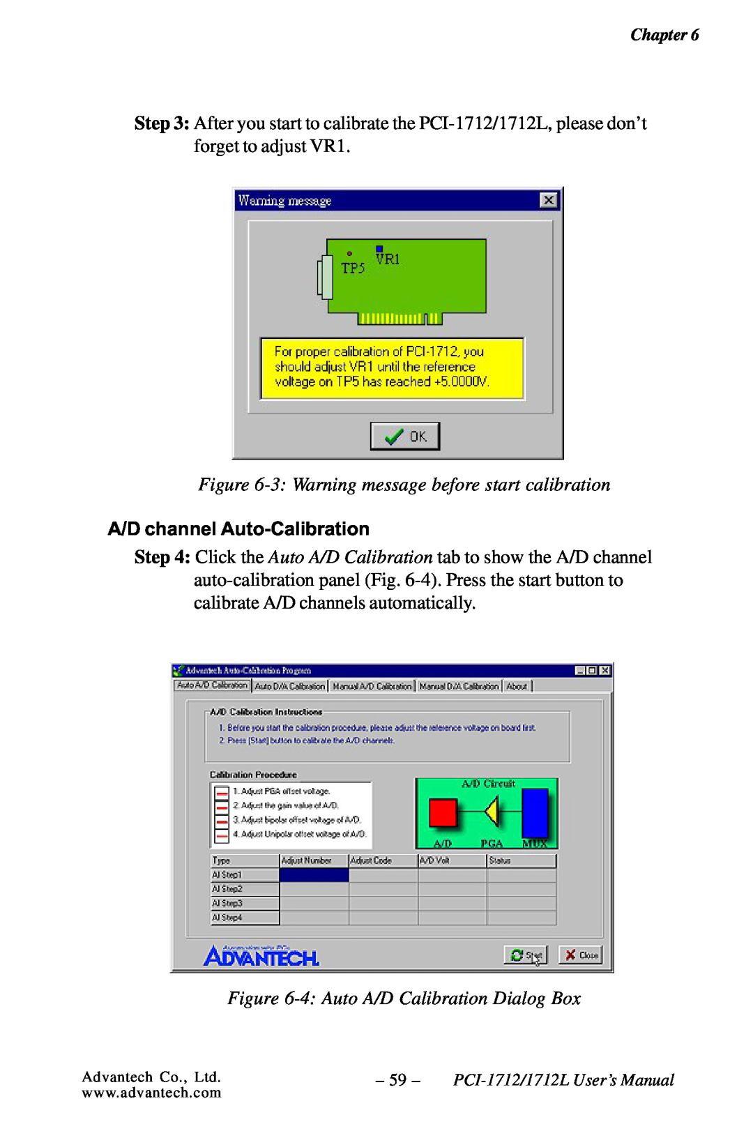 Konica Minolta PCI-1712L user manual 3 Warning message before start calibration, 4 Auto A/D Calibration Dialog Box 