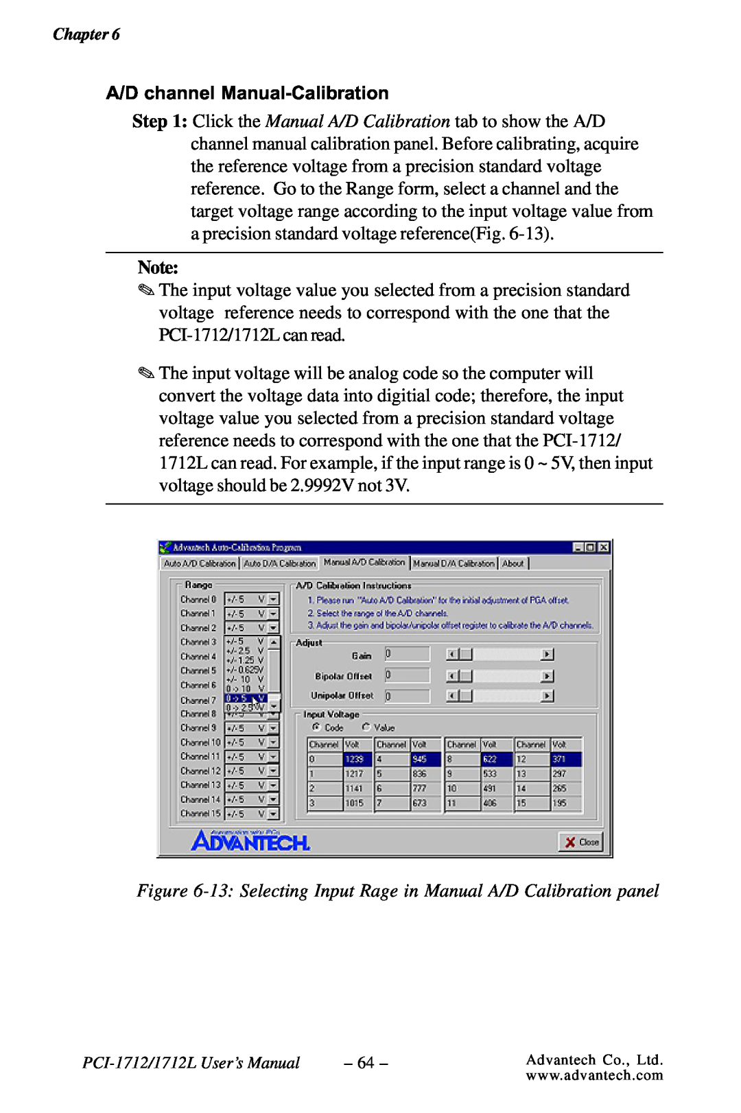 Konica Minolta PCI-1712L 13 Selecting Input Rage in Manual A/D Calibration panel, A/D channel Manual-Calibration 