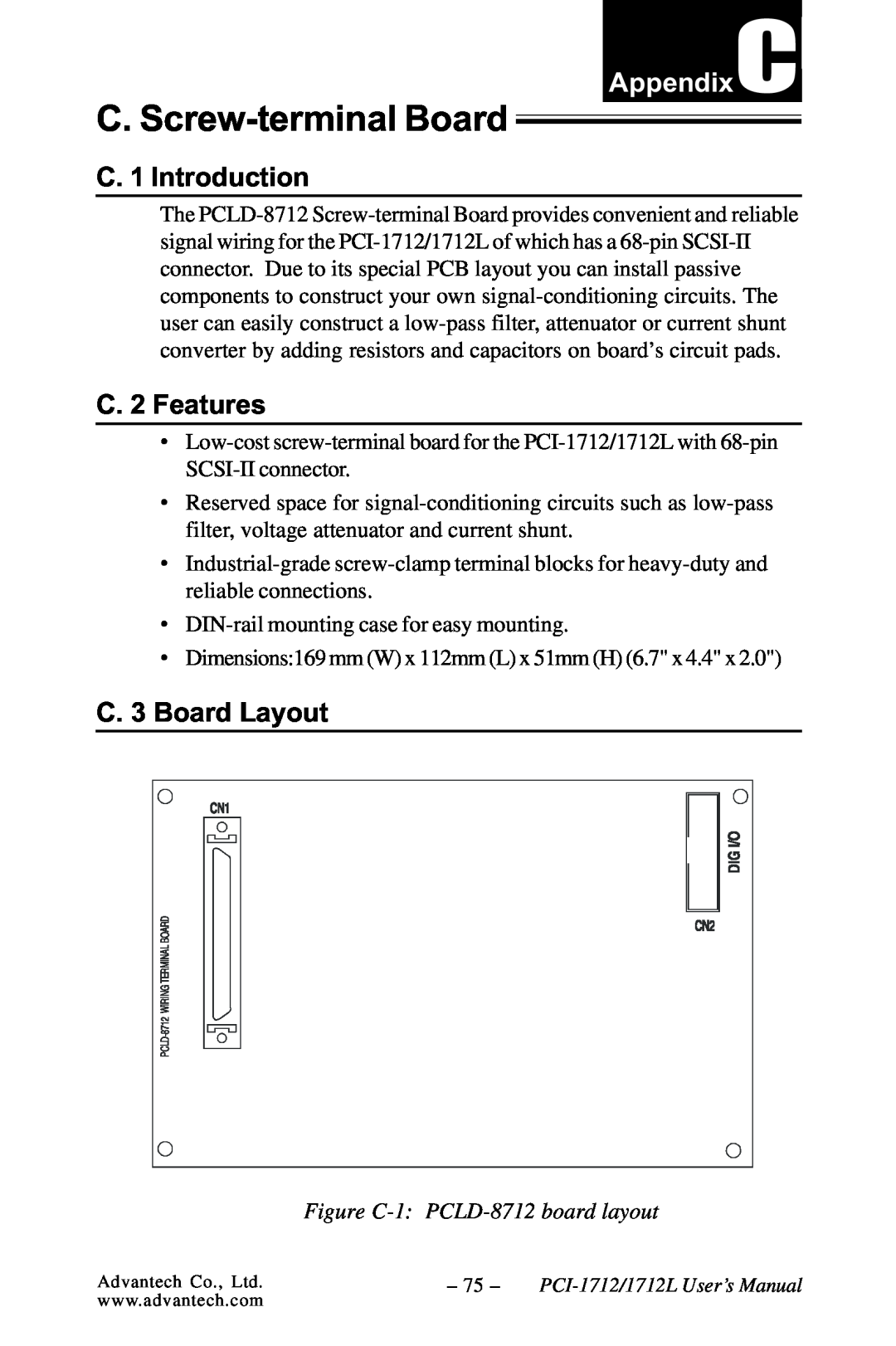 Konica Minolta PCI-1712L C. Screw-terminal Board, C. 1 Introduction, AppendixC, C. 2 Features, C. 3 Board Layout 