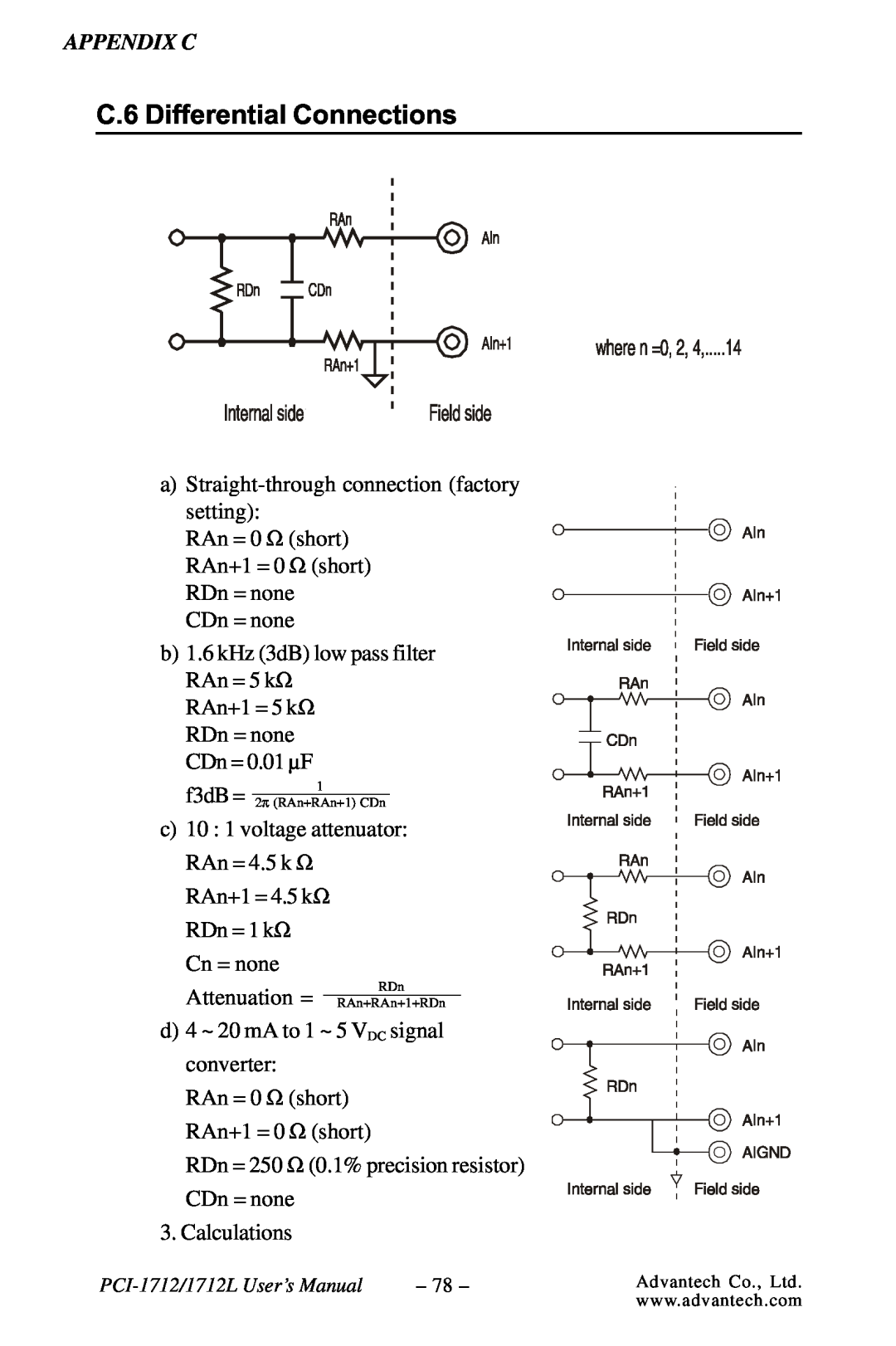 Konica Minolta PCI-1712L user manual C.6 Differential Connections, f3dB = 2π RAn+RAn+1 CDn, RDn RAn+RAn+1+RDn 