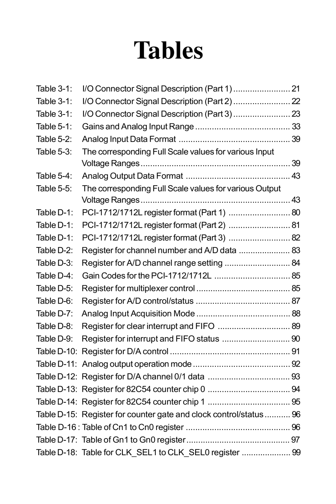 Konica Minolta PCI-1712 I/O Connector Signal Description Part, Corresponding Full Scale values for various Input 