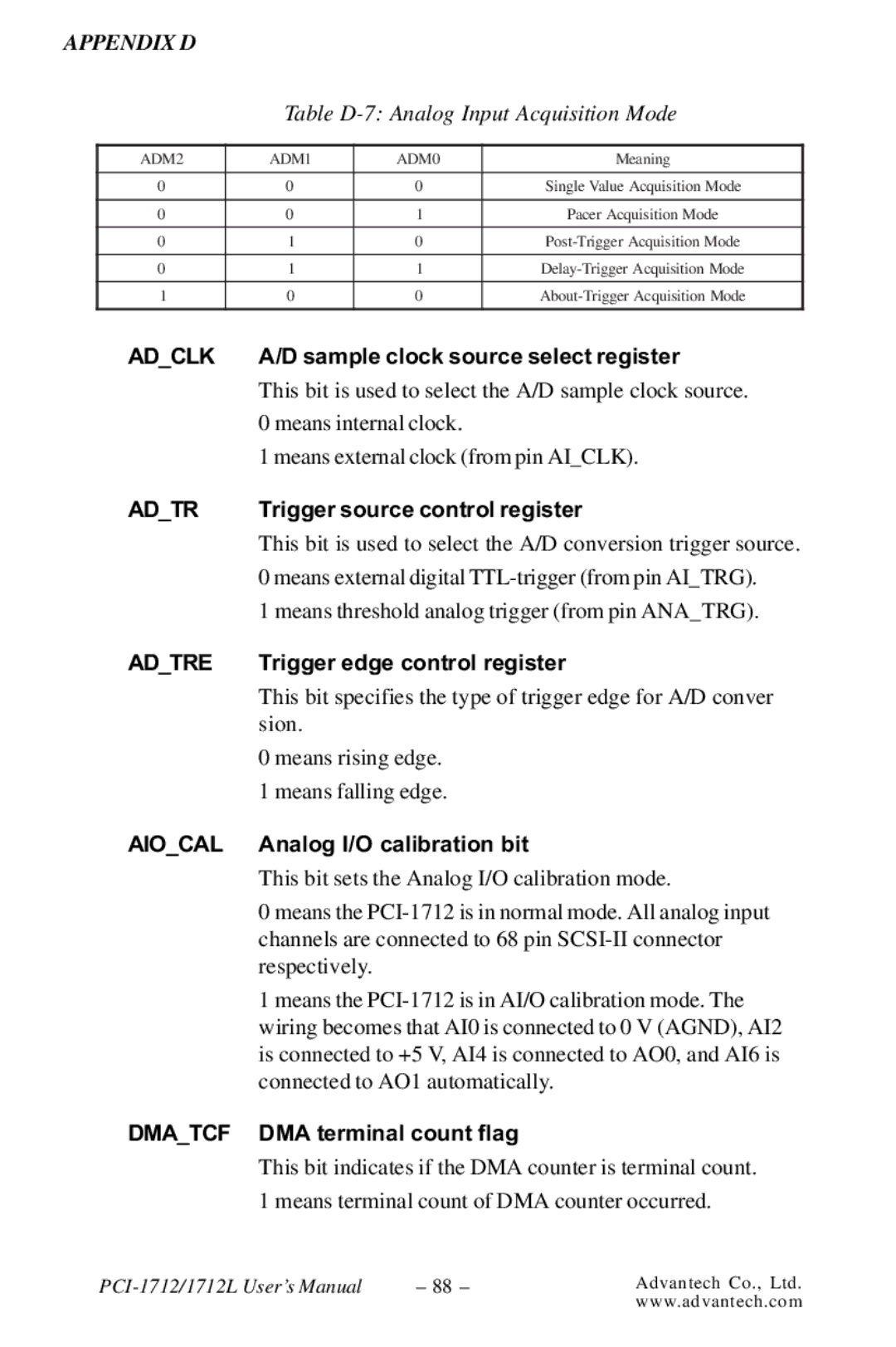 Konica Minolta PCI-1712 Sample clock source select register, Trigger source control register, Analog I/O calibration bit 