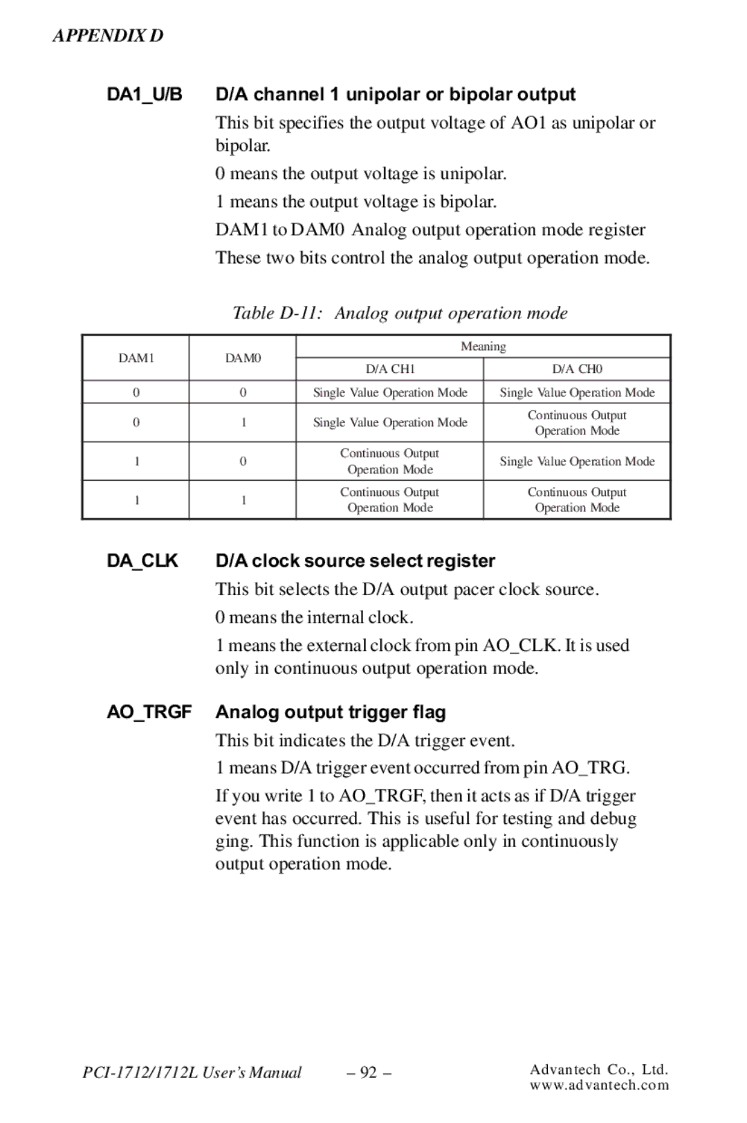 Konica Minolta PCI-1712L user manual Channel 1 unipolar or bipolar output, Table D-11 Analog output operation mode 