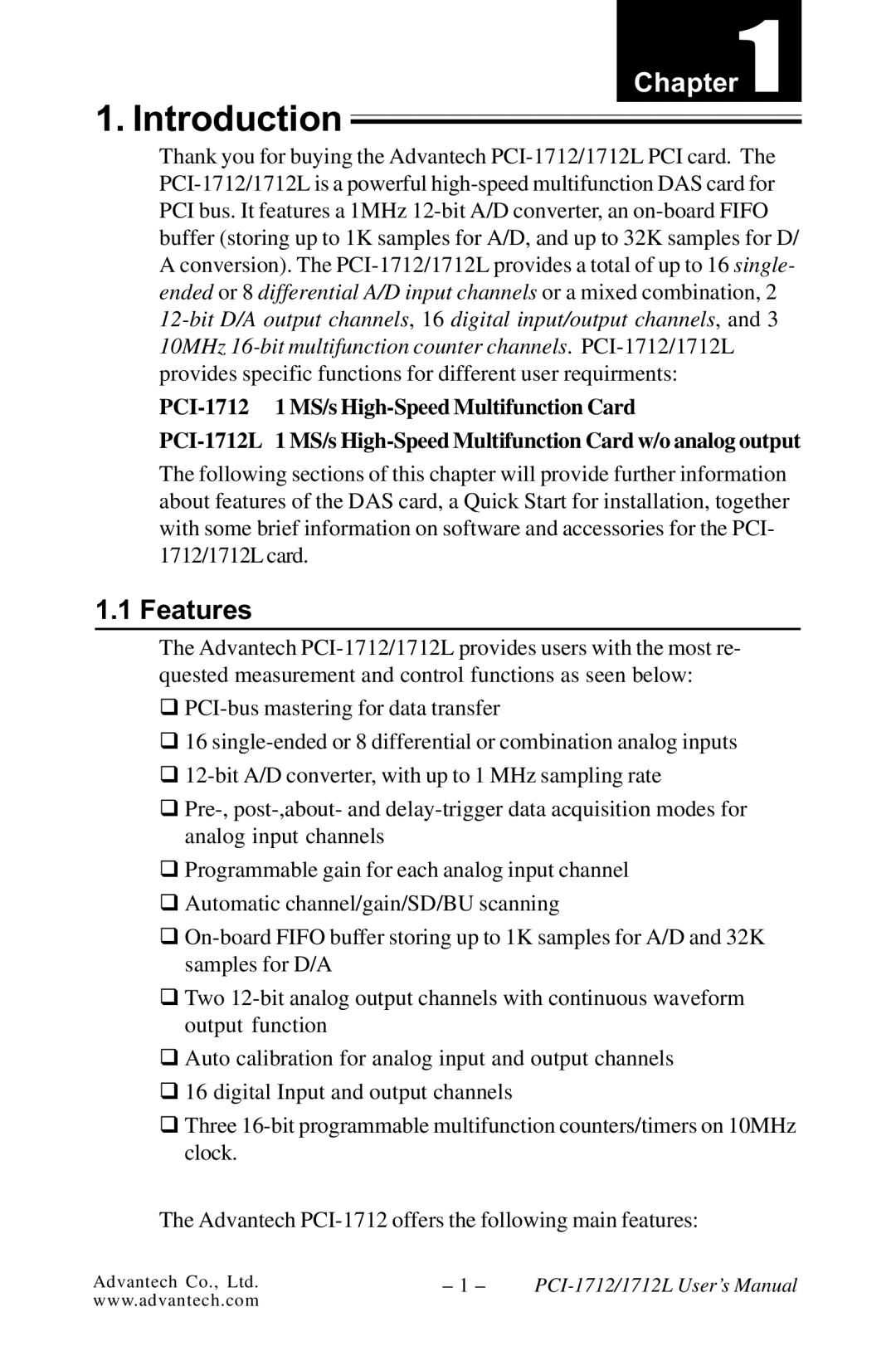 Konica Minolta PCI-1712L user manual Introduction, Features 