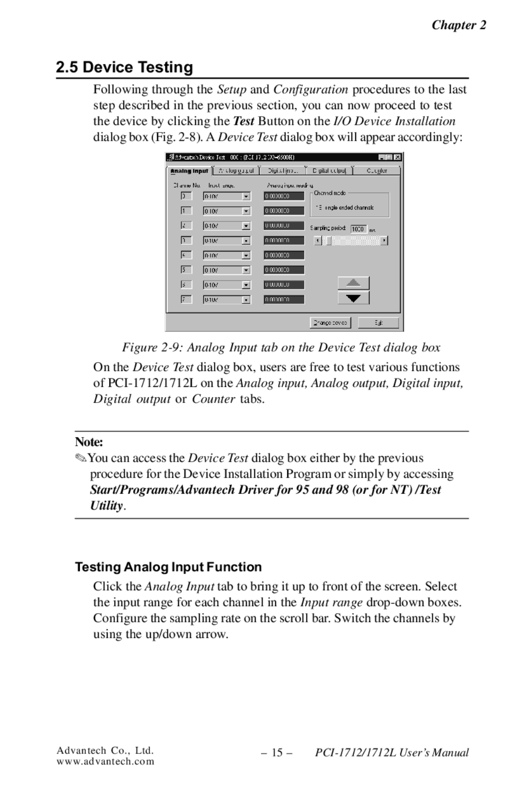 Konica Minolta PCI-1712L user manual Device Testing, Testing Analog Input Function 