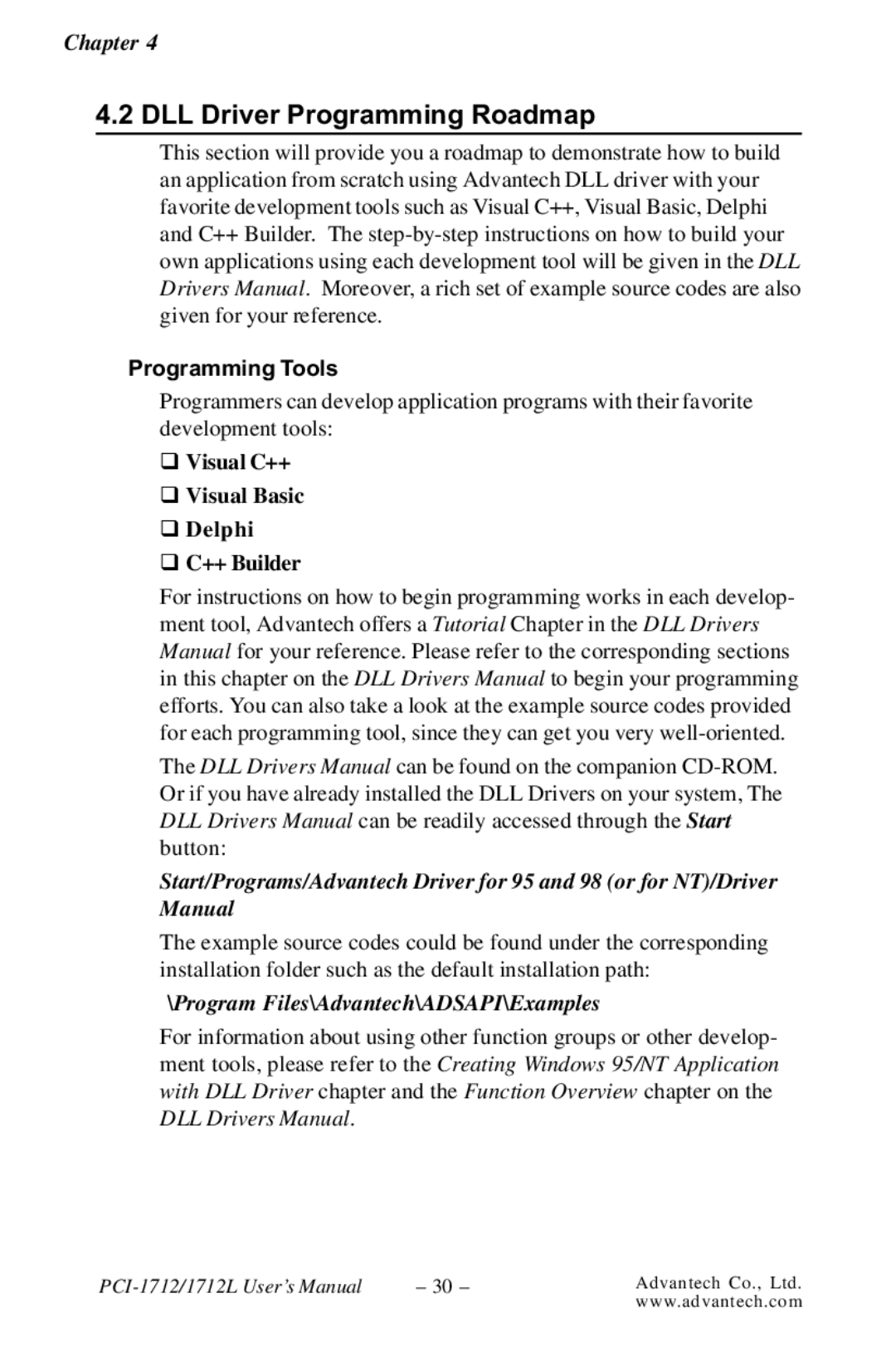 Konica Minolta PCI-1712L user manual DLL Driver Programming Roadmap, Programming Tools 