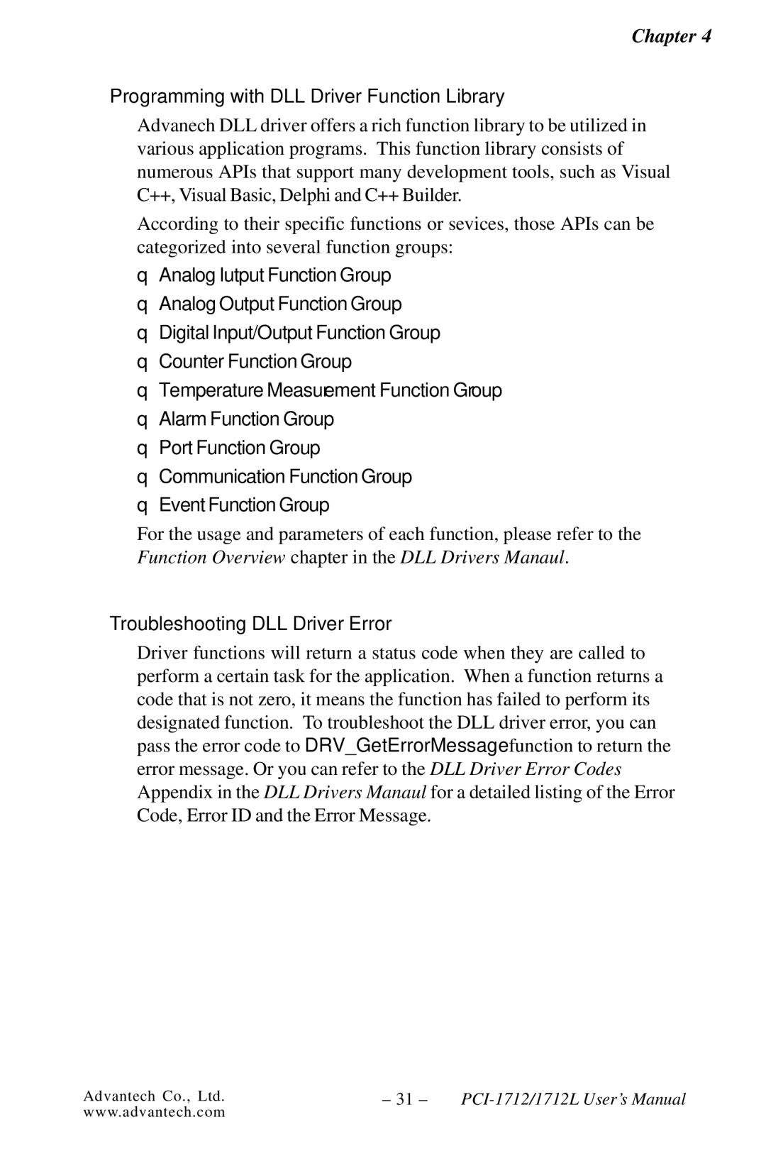 Konica Minolta PCI-1712L user manual Programming with DLL Driver Function Library, Troubleshooting DLL Driver Error 