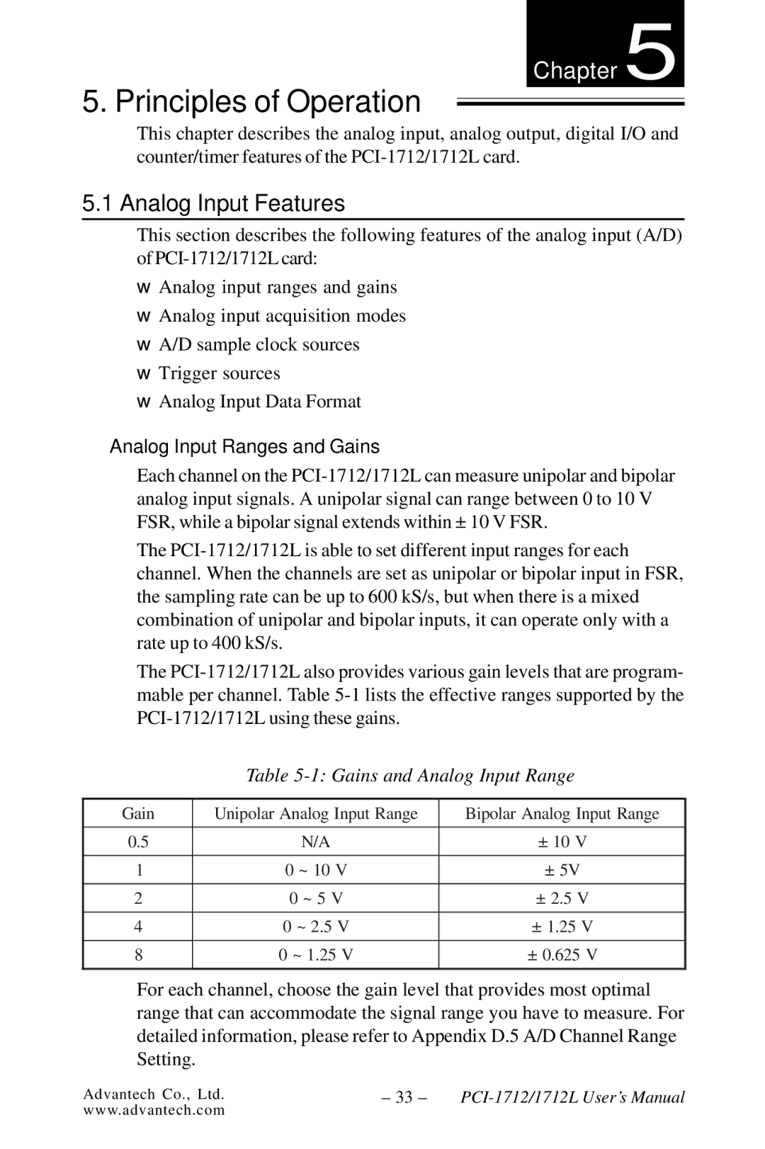 Konica Minolta PCI-1712L user manual Principles of Operation, Analog Input Features, Analog Input Ranges and Gains 