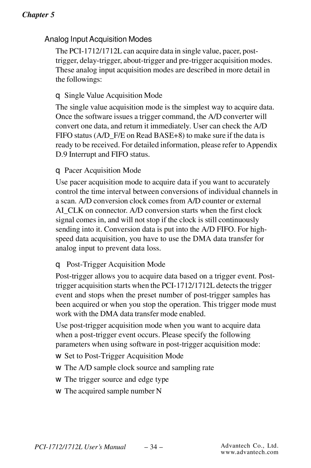 Konica Minolta PCI-1712L user manual Analog Input Acquisition Modes 