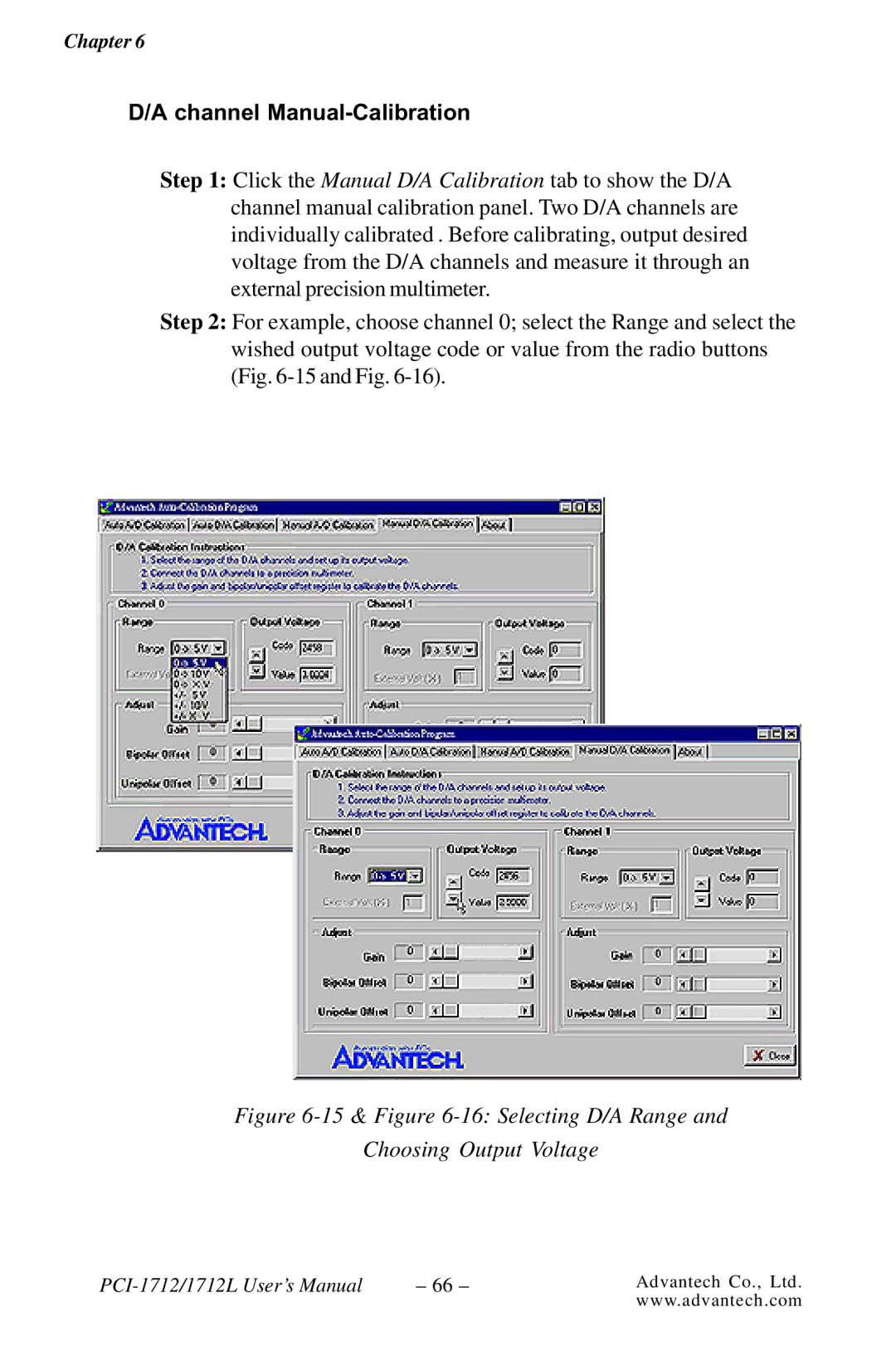 Konica Minolta PCI-1712L user manual 15 & -16 Selecting D/A Range Choosing Output Voltage 