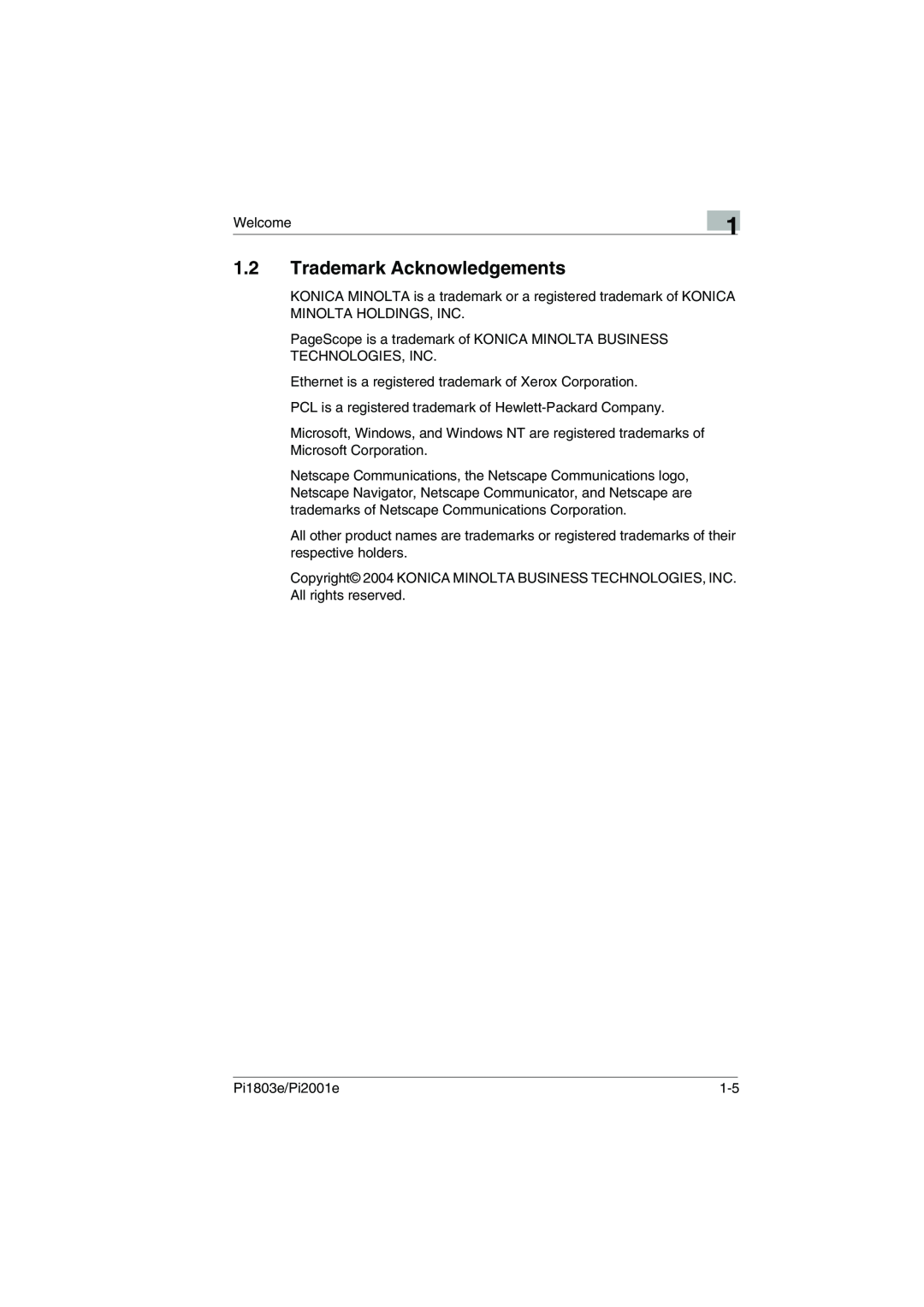 Konica Minolta Pi2001e, Pi1803e manual 1.2Trademark Acknowledgements 