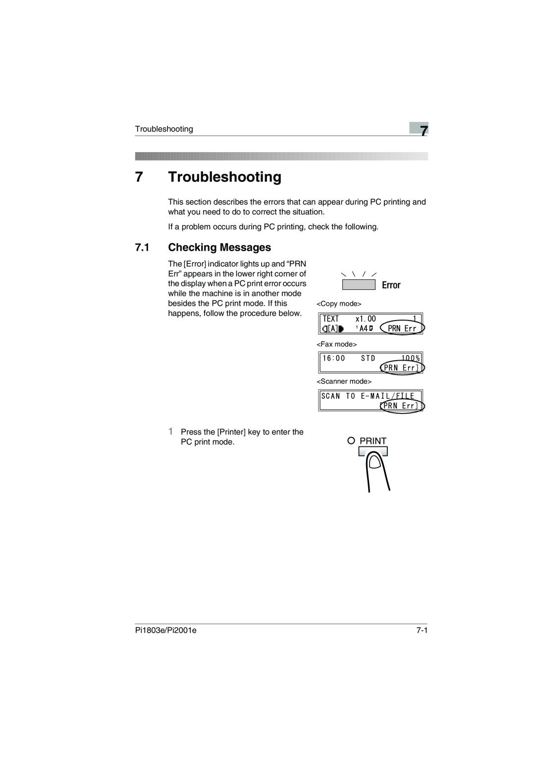 Konica Minolta Pi2001e, Pi1803e manual Troubleshooting, 7.1Checking Messages 