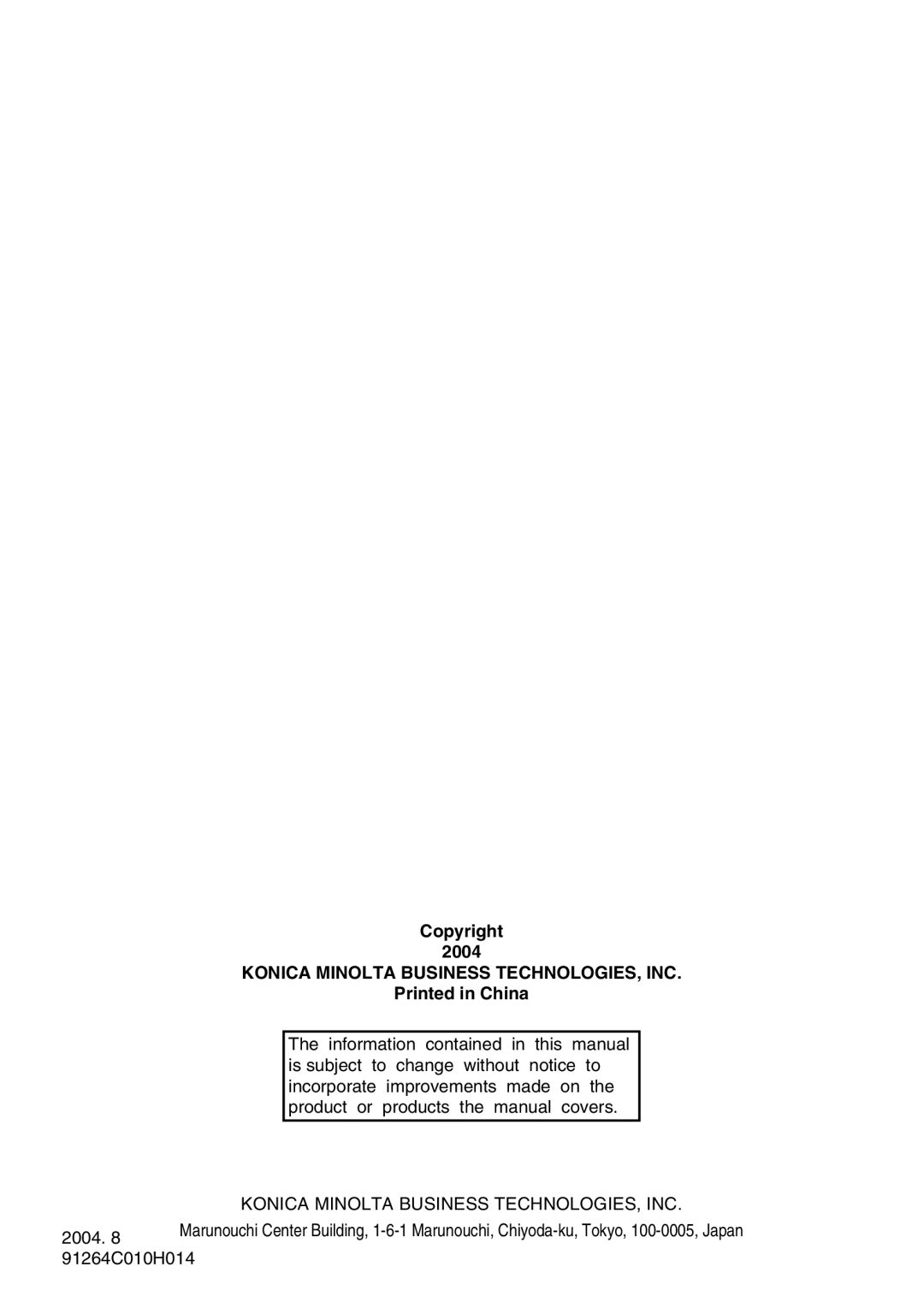 Konica Minolta Pi2001e, Pi1803e manual Copyright, Konica Minolta Business Technologies, Inc, 2004, 91264C010H014 