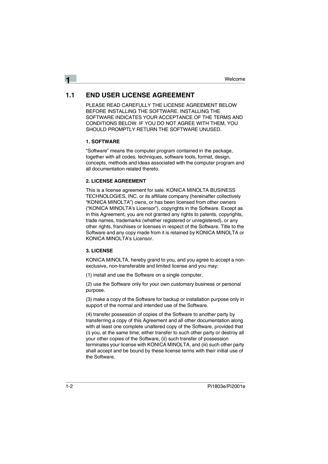 Konica Minolta Pi1803e, Pi2001e manual 1.1END USER LICENSE AGREEMENT, Software, License Agreement 