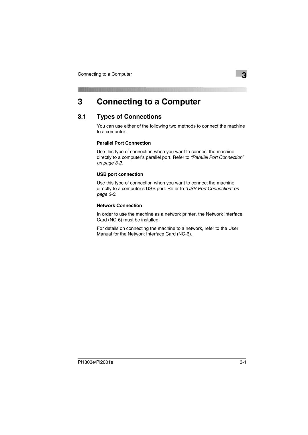 Konica Minolta Pi2001e, Pi1803e manual Connecting to a Computer, Types of Connections 