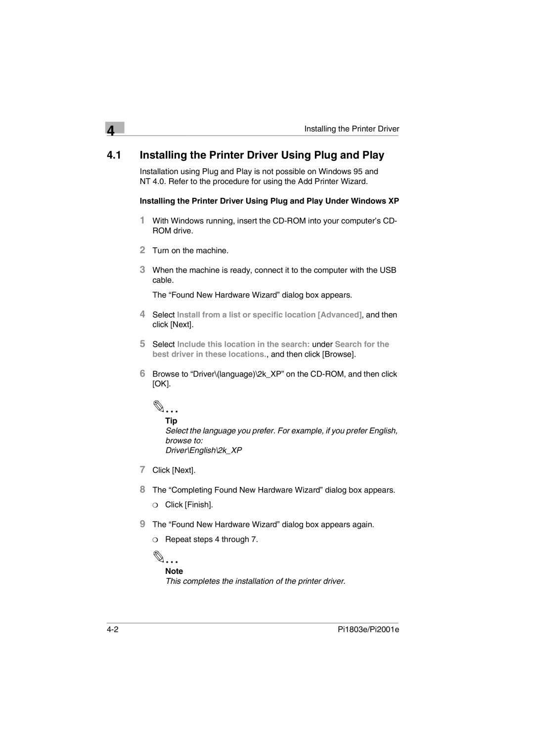 Konica Minolta Pi1803e, Pi2001e manual Installing the Printer Driver Using Plug and Play, Tip 