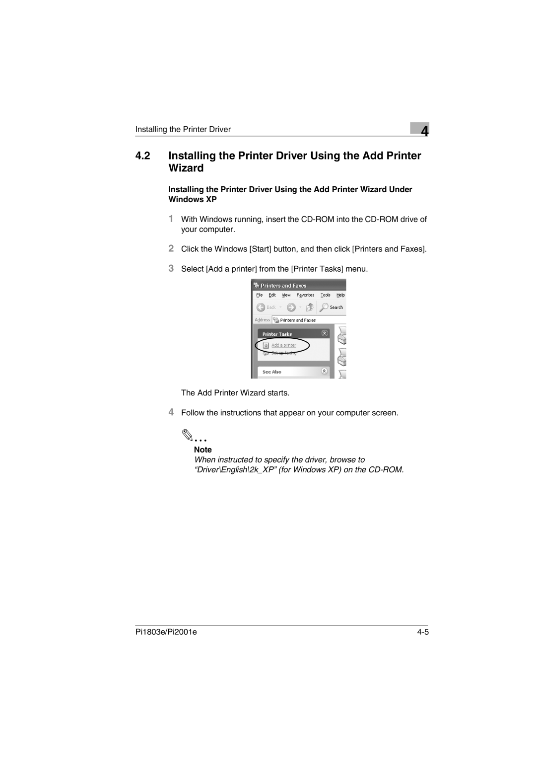 Konica Minolta Pi2001e, Pi1803e manual Installing the Printer Driver Using the Add Printer Wizard 