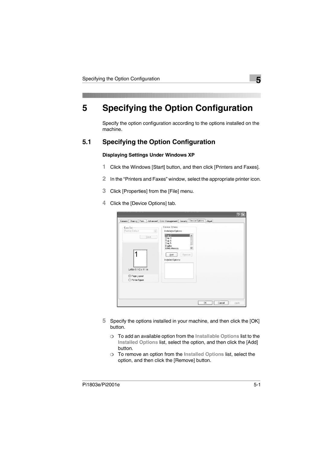 Konica Minolta Pi2001e, Pi1803e manual Specifying the Option Configuration, Displaying Settings Under Windows XP 