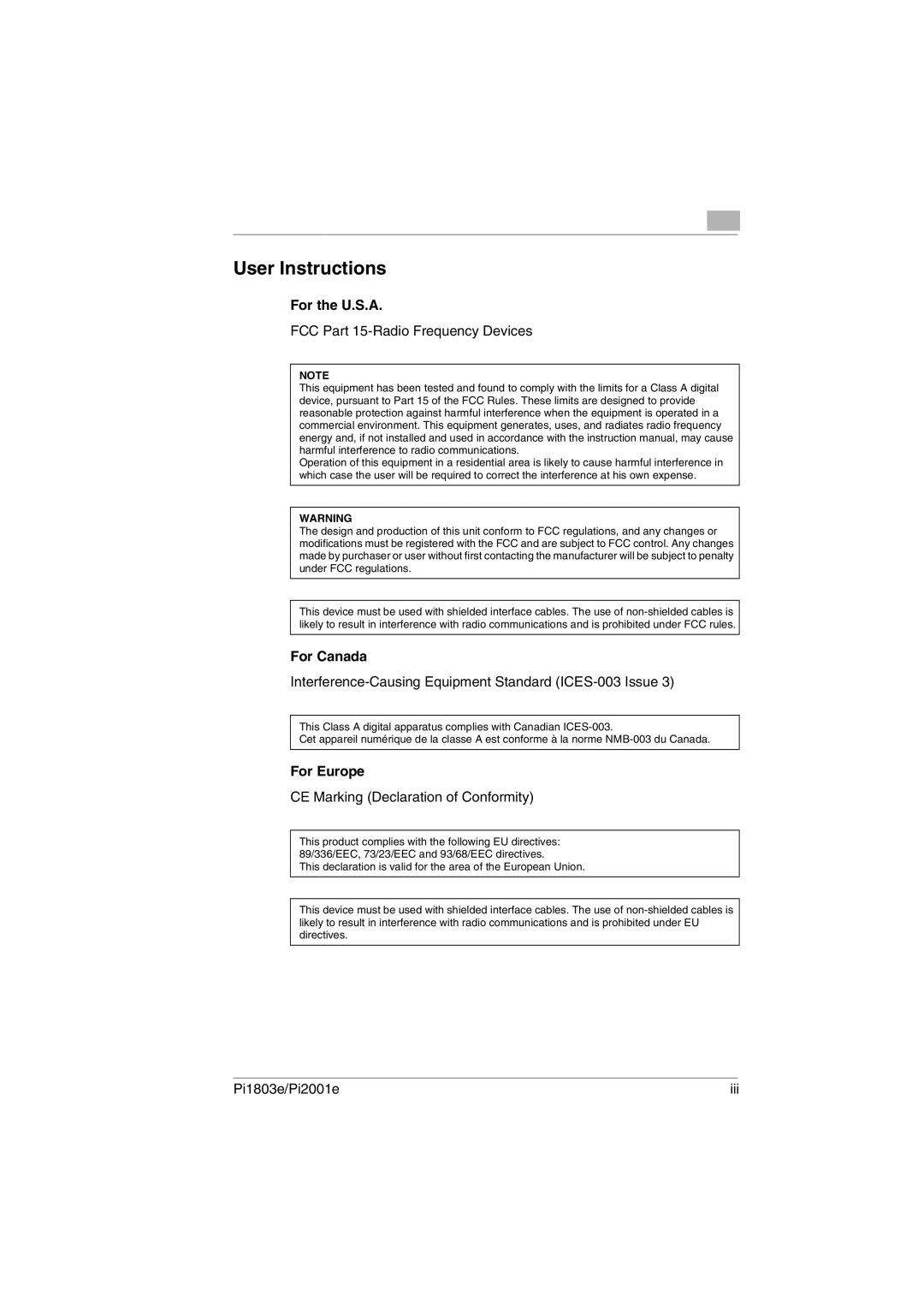 Konica Minolta Pi2001e, Pi1803e manual User Instructions, For the U.S.A, For Canada, For Europe 