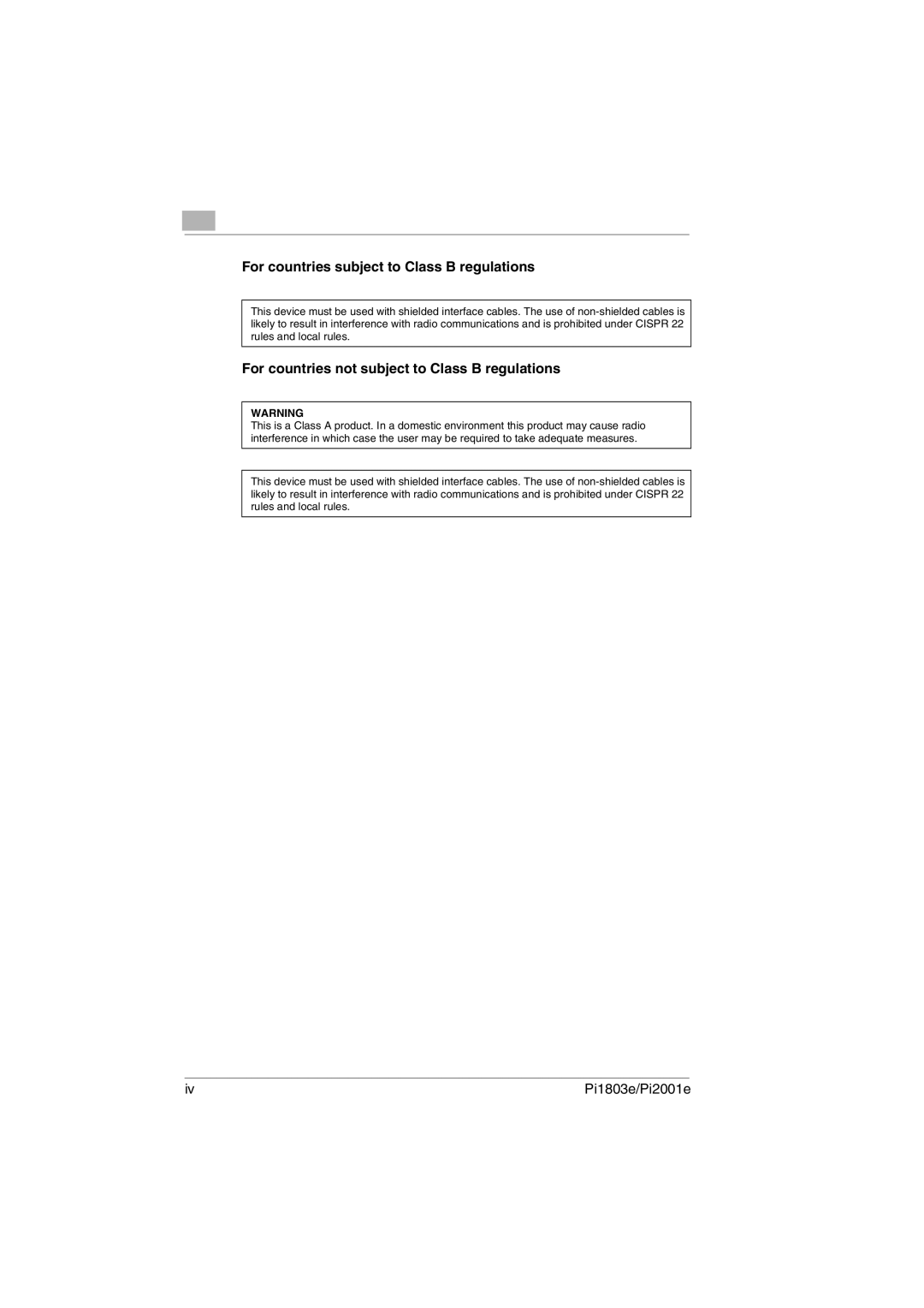 Konica Minolta Pi1803e For countries subject to Class B regulations, For countries not subject to Class B regulations 