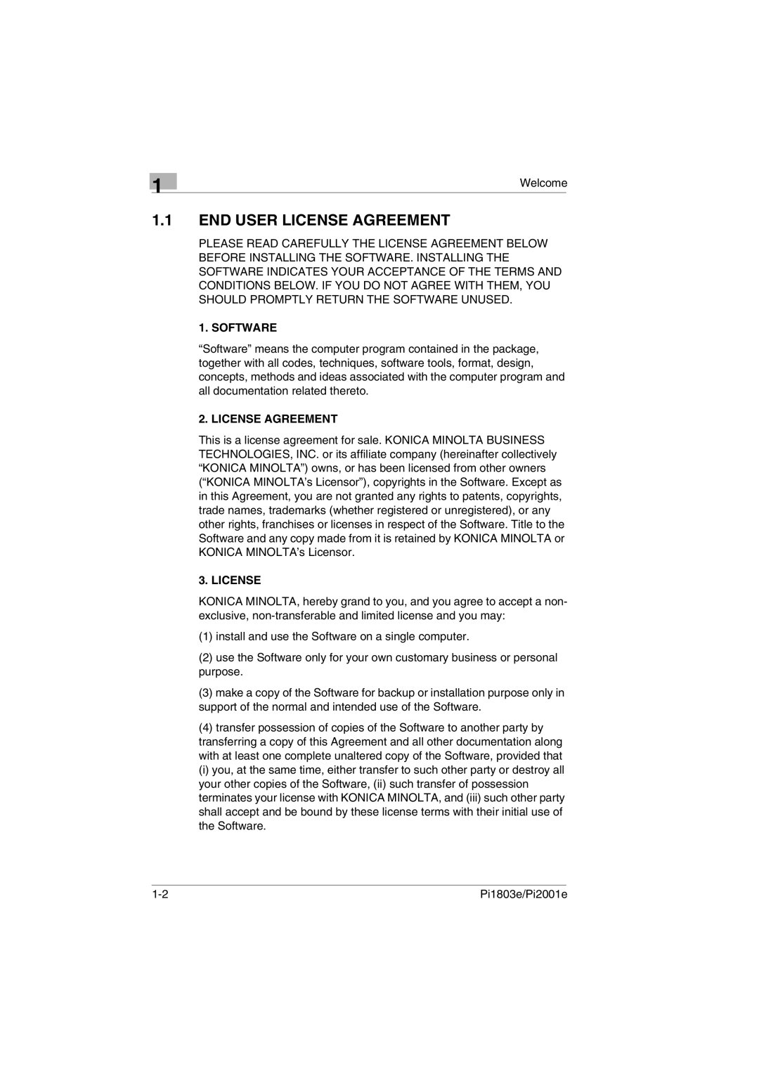 Konica Minolta Pi1803e, Pi2001e manual END User License Agreement 