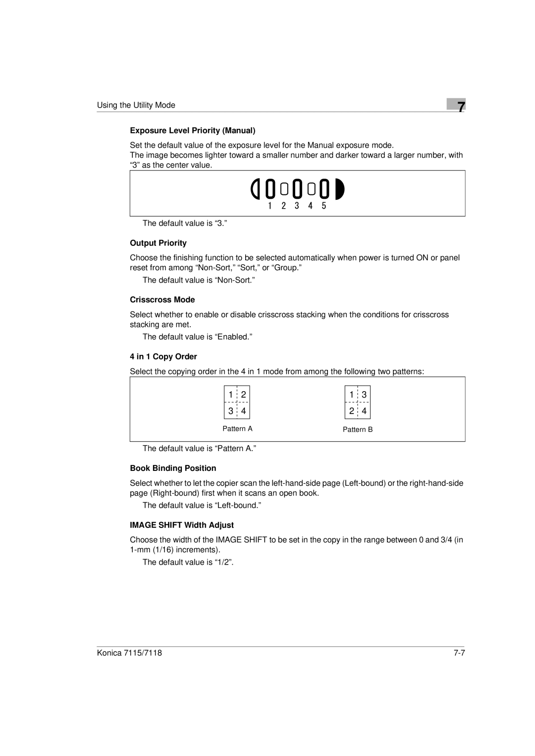 Konica Minolta Printer Copier manual Exposure Level Priority Manual, Output Priority, Crisscross Mode, Copy Order 