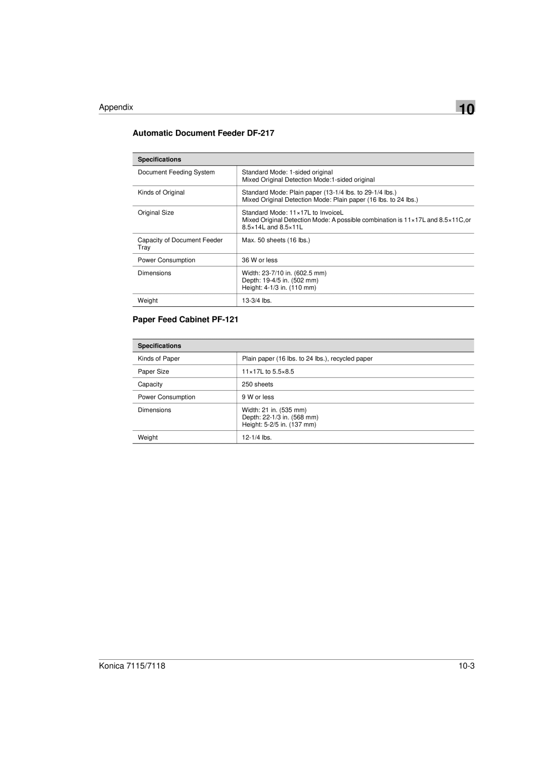 Konica Minolta Printer Copier manual Automatic Document Feeder DF-217, Paper Feed Cabinet PF-121 