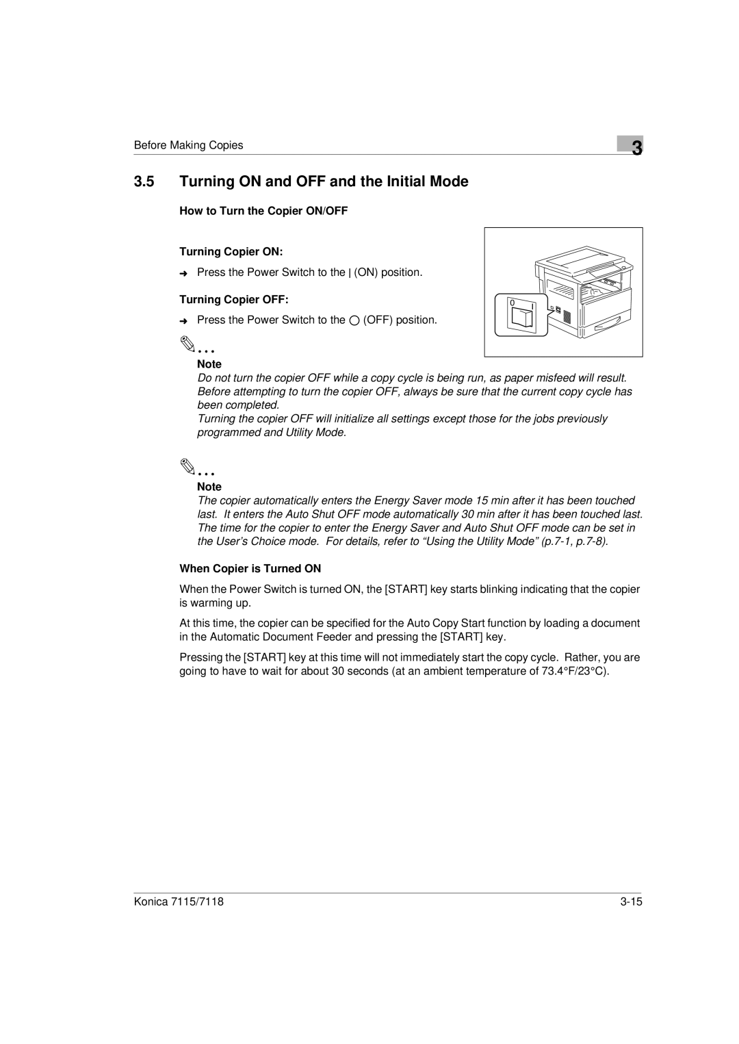 Konica Minolta Printer Copier Turning on and OFF and the Initial Mode, How to Turn the Copier ON/OFF Turning Copier on 