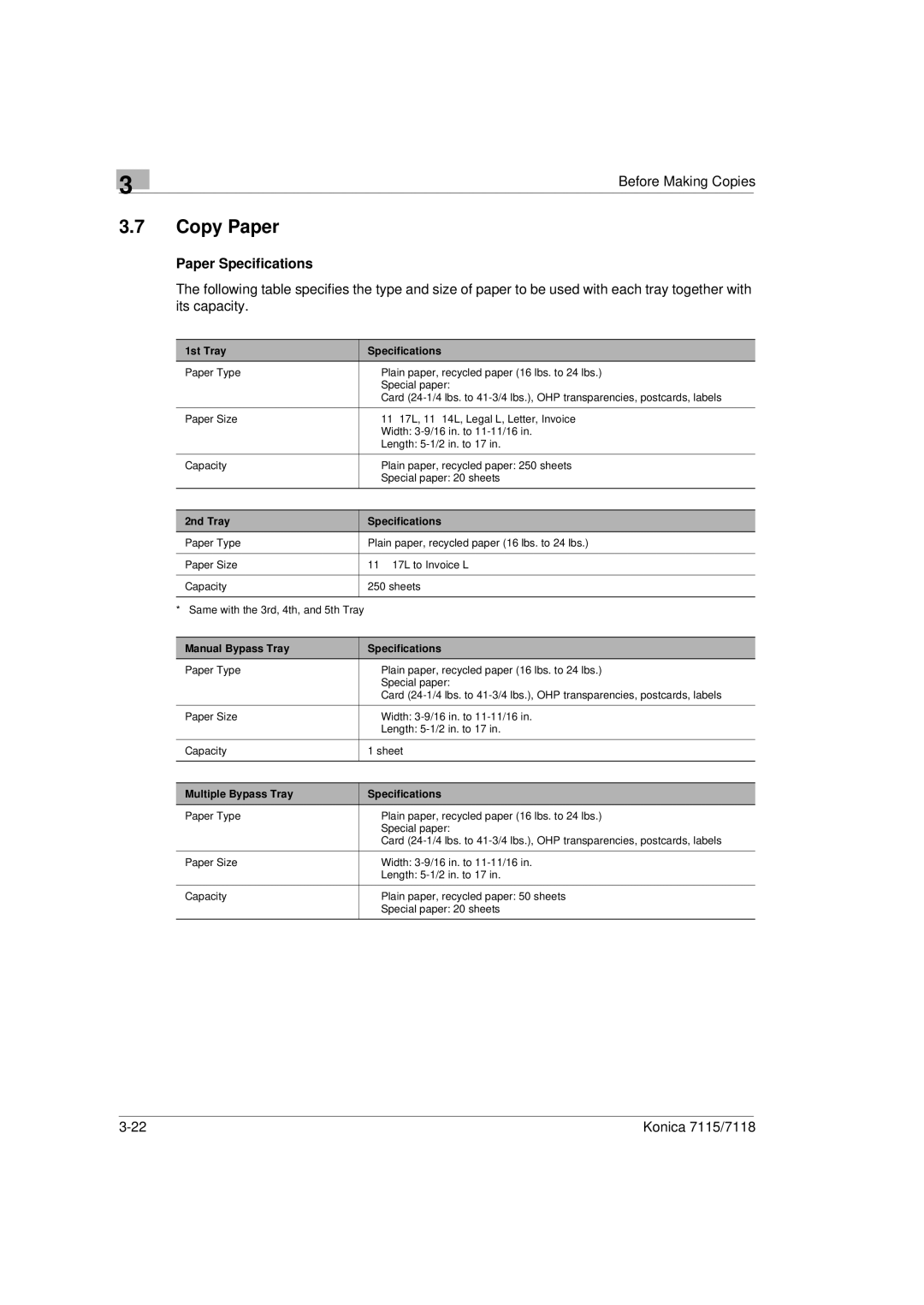 Konica Minolta Printer Copier manual Copy Paper, Paper Specifications 