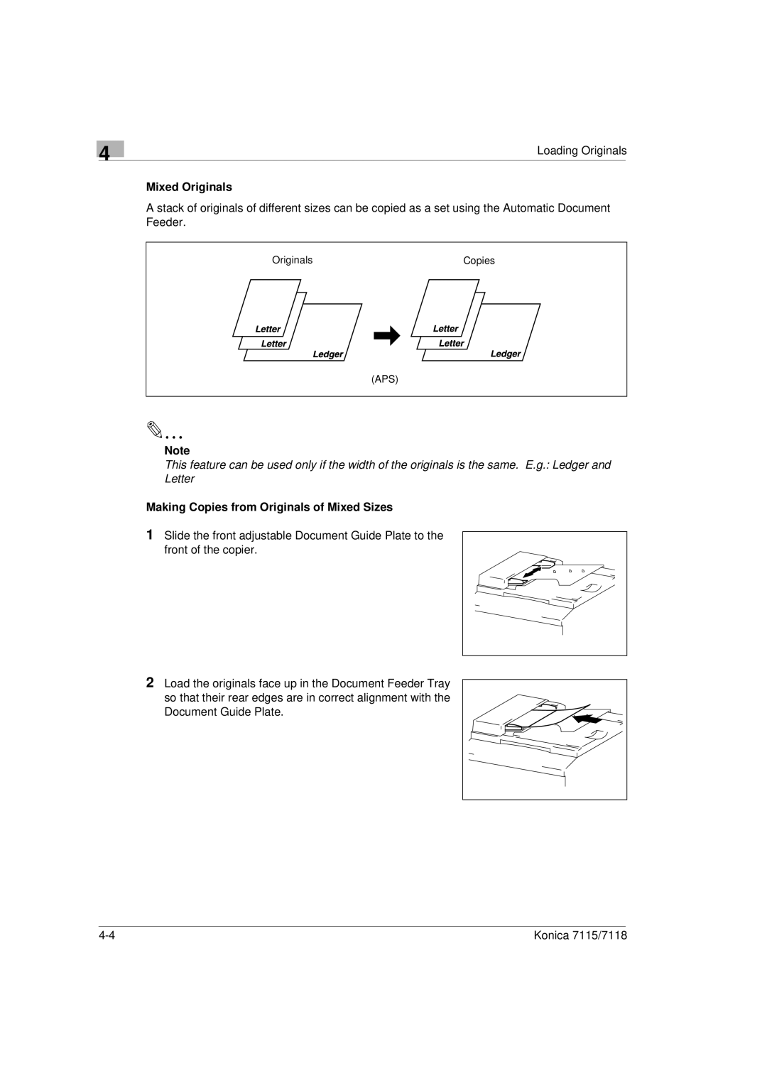 Konica Minolta Printer Copier manual Mixed Originals, Making Copies from Originals of Mixed Sizes 