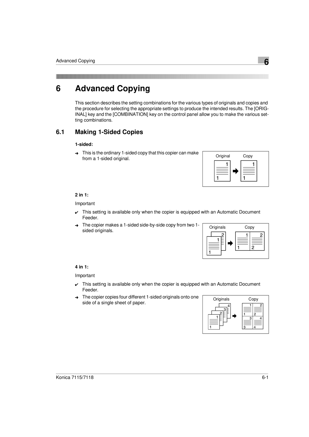 Konica Minolta Printer Copier manual Advanced Copying, Making 1-Sided Copies 