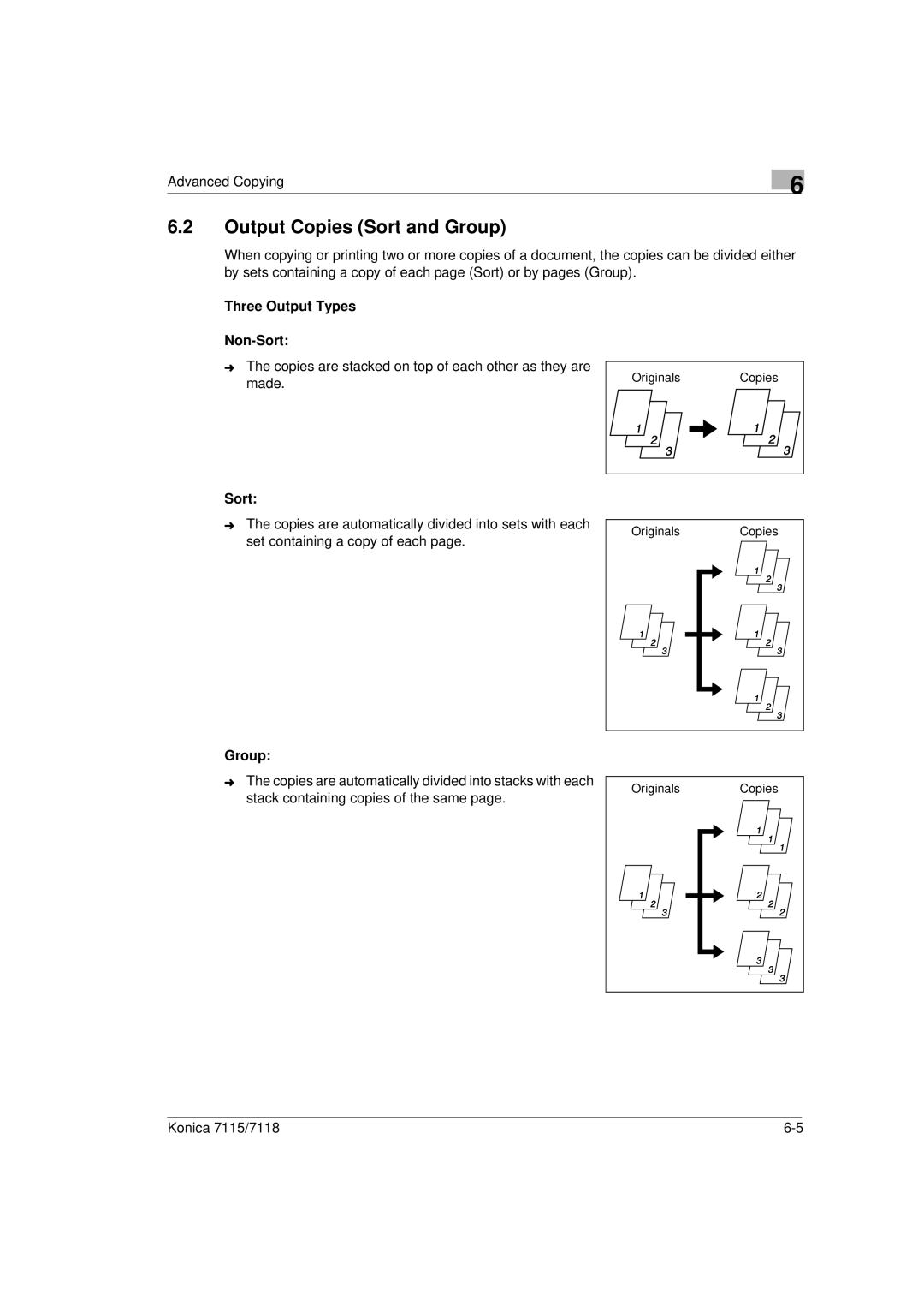 Konica Minolta Printer Copier manual Output Copies Sort and Group, Three Output Types Non-Sort 