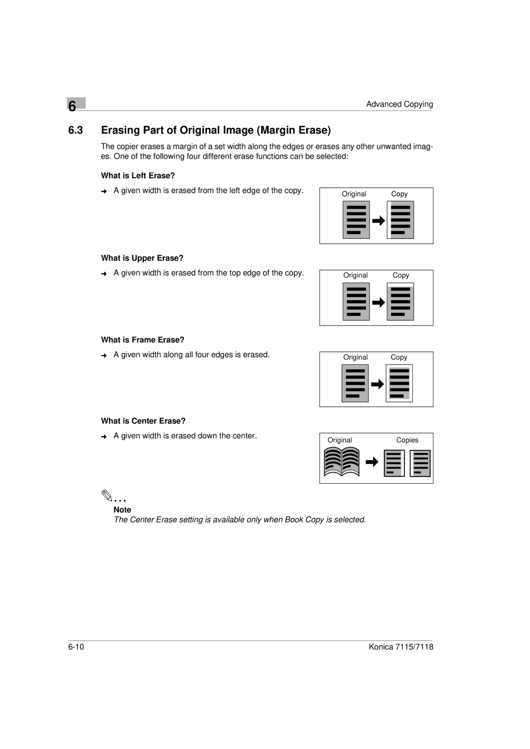 Konica Minolta Printer Copier manual Erasing Part of Original Image Margin Erase, What is Left Erase?, What is Upper Erase? 