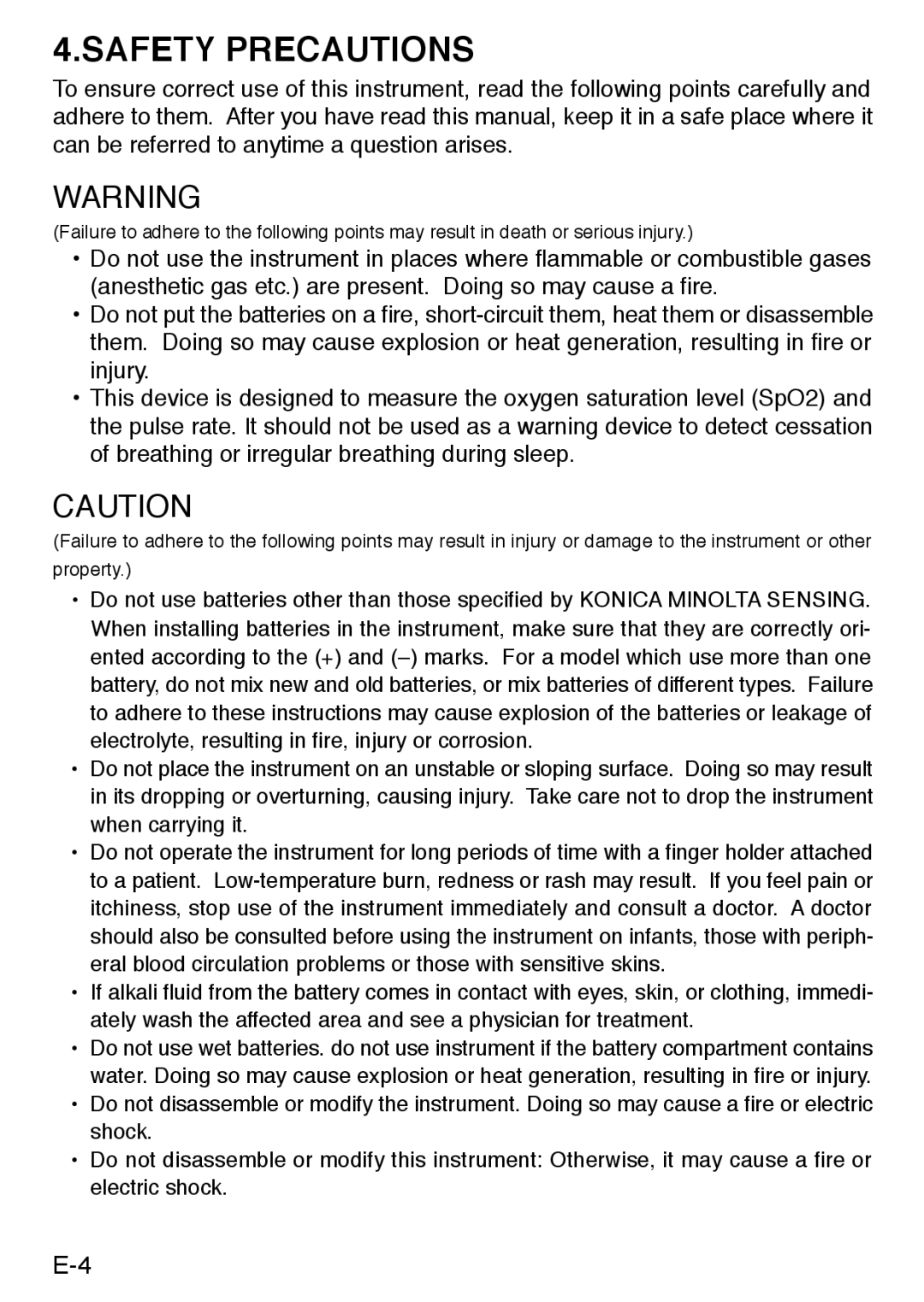 Konica Minolta PULSOXTM-2 instruction manual Safety Precautions 