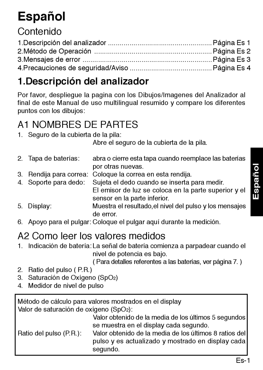 Konica Minolta PULSOXTM-2 Español, Contenido, Descripción del analizador, A2 Como leer los valores medidos 