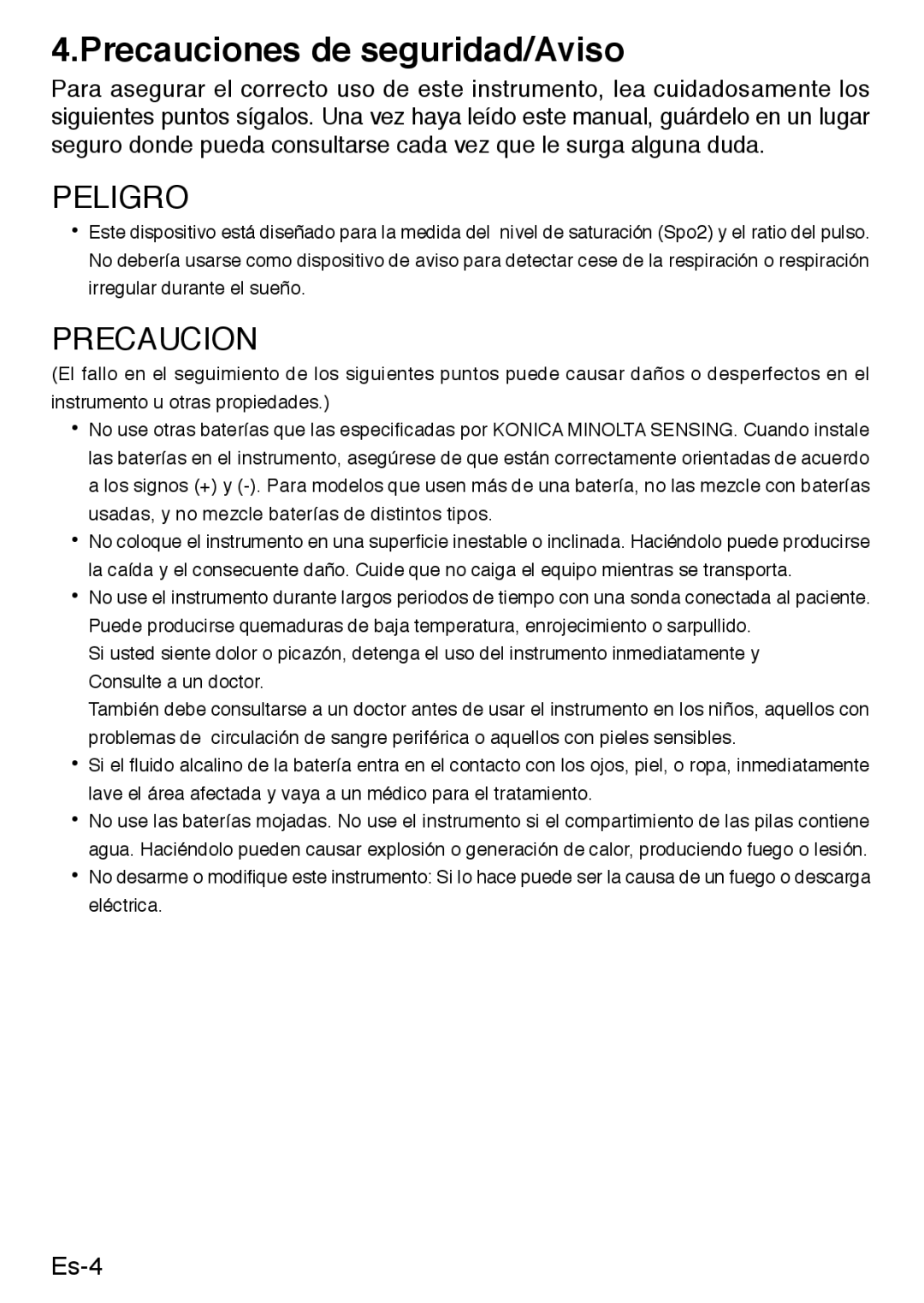 Konica Minolta PULSOXTM-2 instruction manual Precauciones de seguridad/Aviso, Peligro 