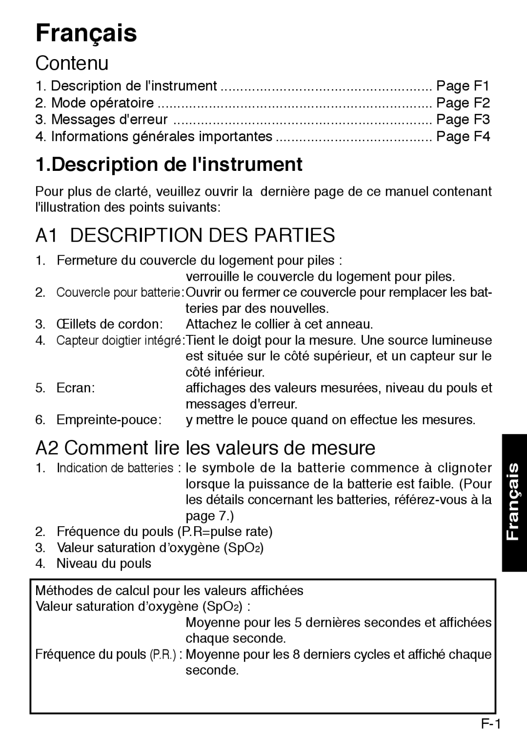 Konica Minolta PULSOXTM-2 Français, Contenu, Description de linstrument, A2 Comment lire les valeurs de mesure 