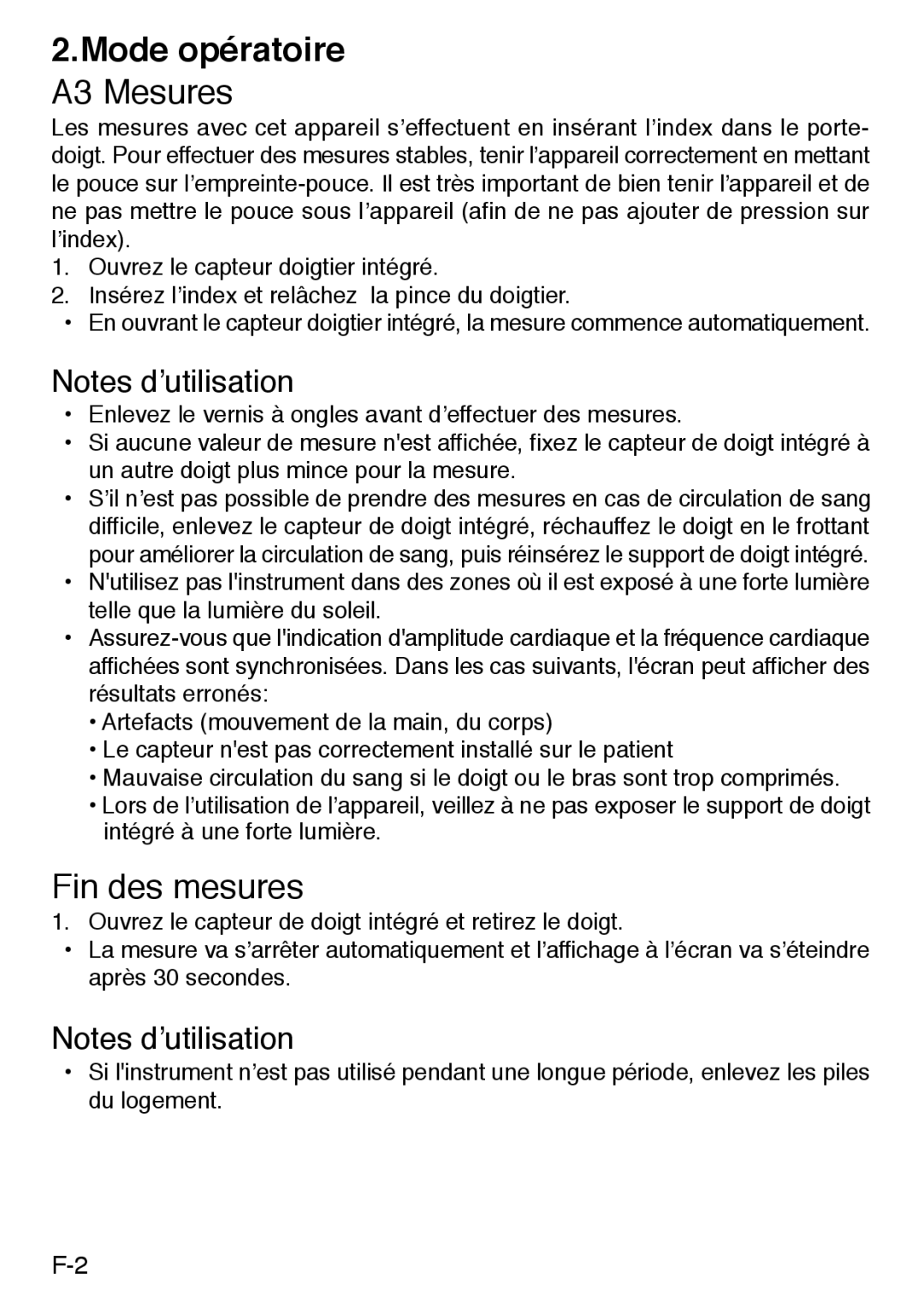 Konica Minolta PULSOXTM-2 instruction manual Mode opératoire A3 Mesures, Fin des mesures 