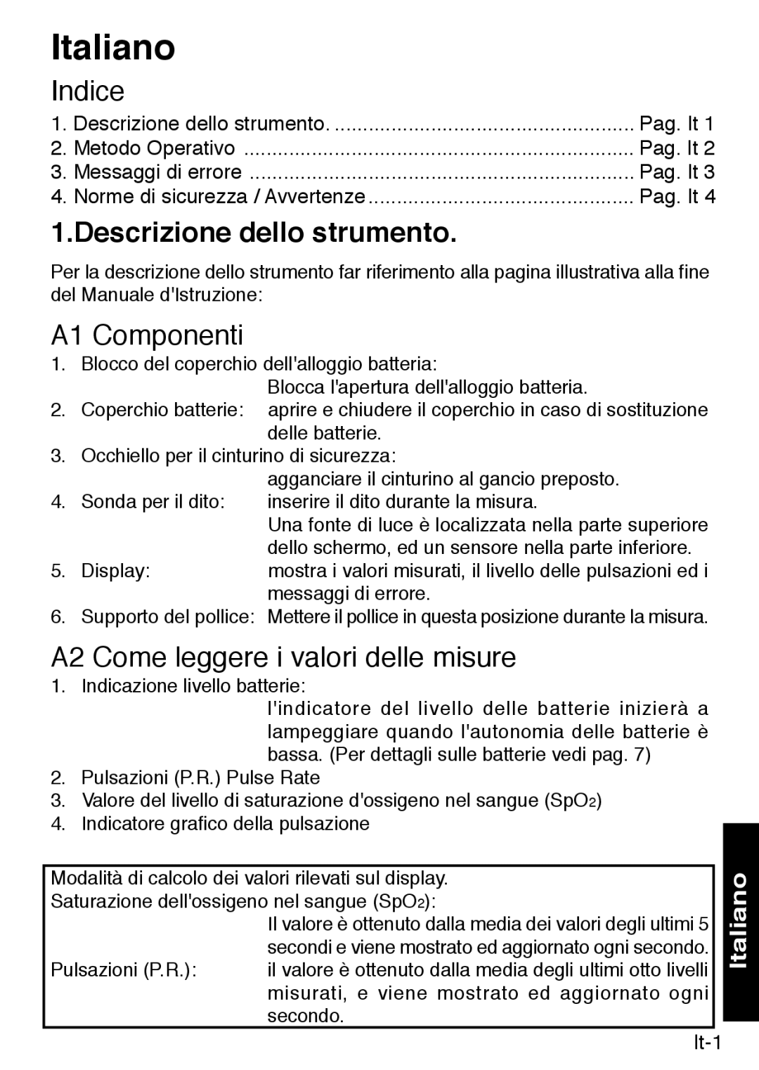 Konica Minolta PULSOXTM-2 instruction manual Italiano, Indice, Descrizione dello strumento, A1 Componenti 